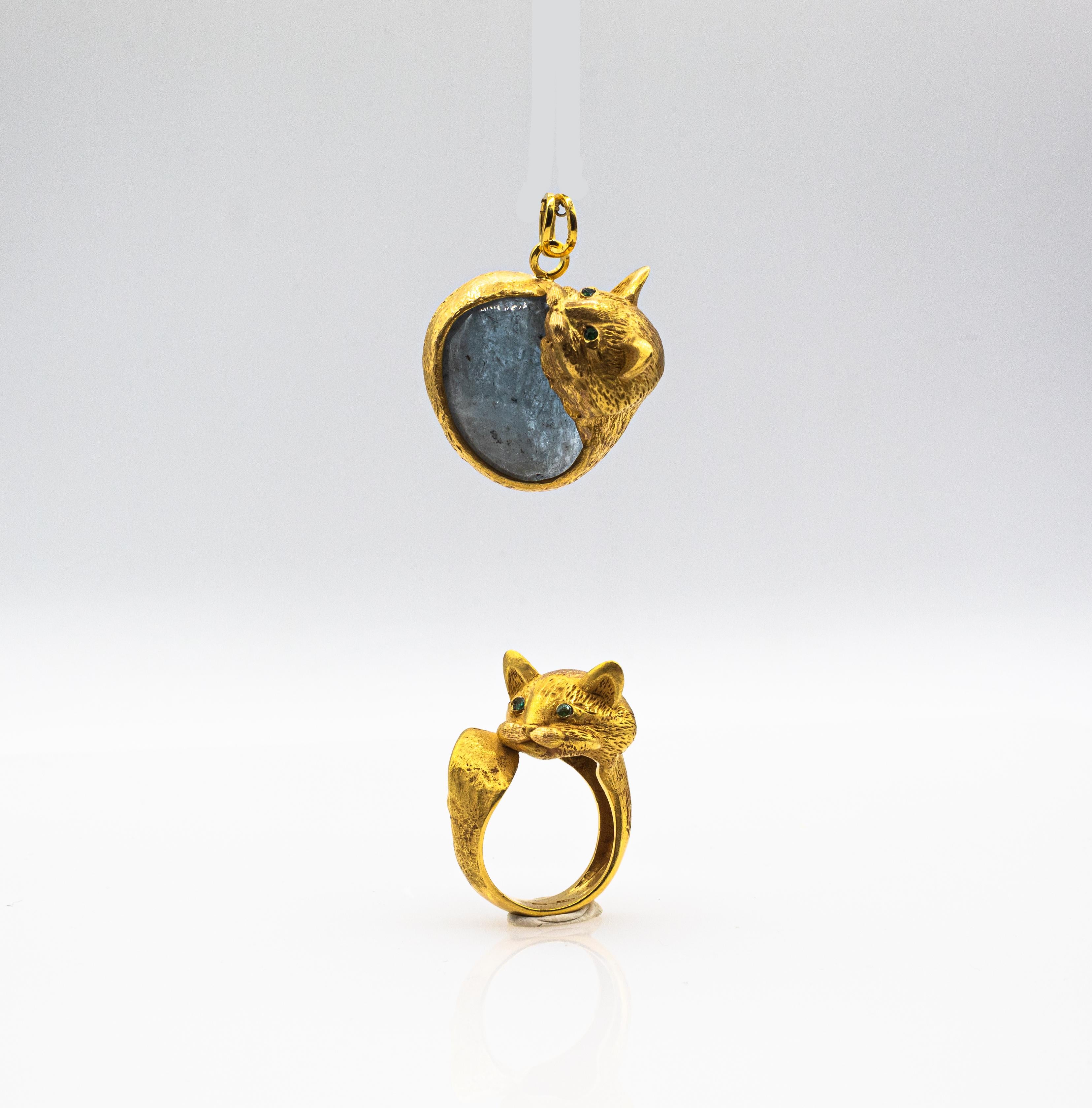 Art Nouveau Style Handcrafted Emerald Yellow Gold 