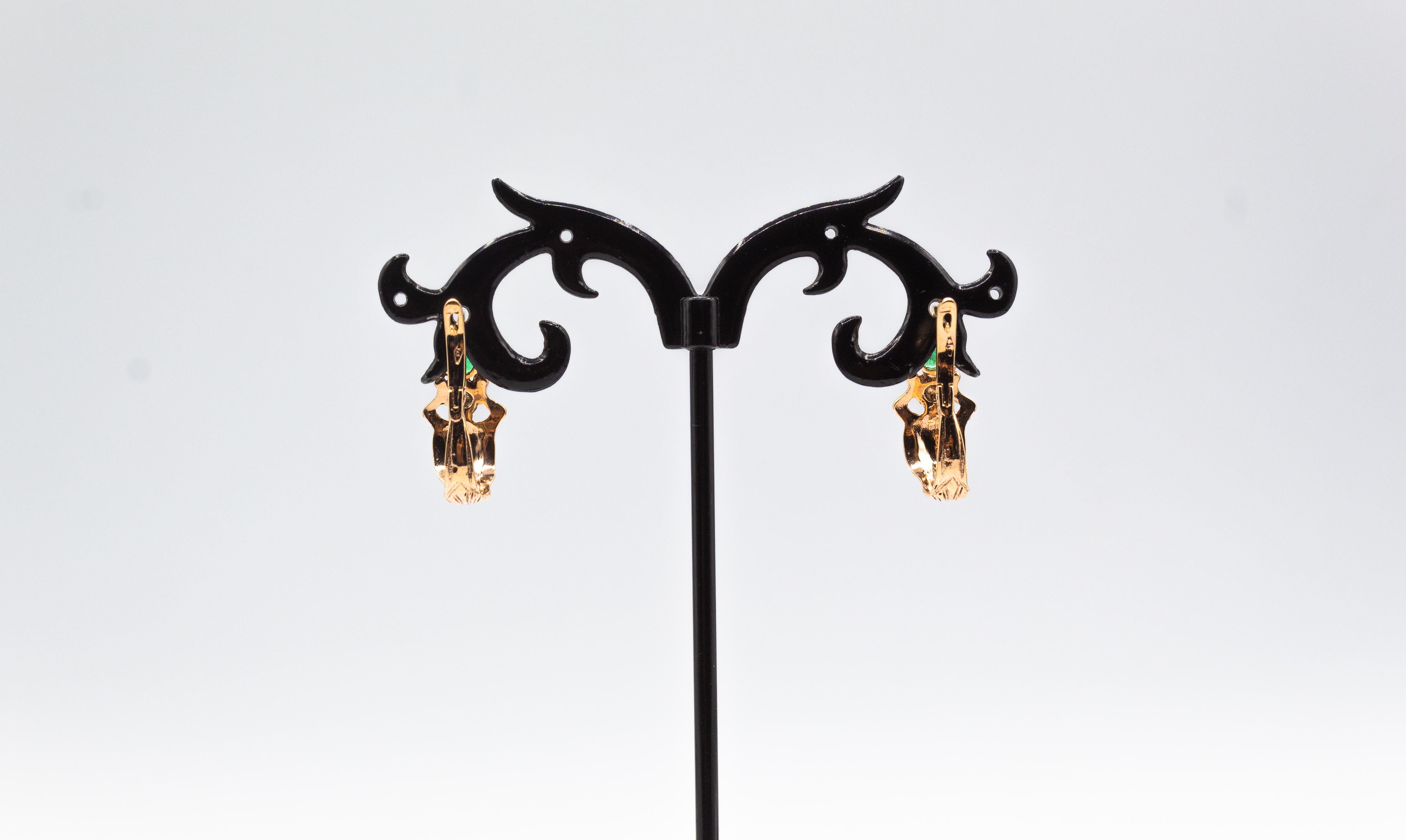 Art Nouveau Style Handcrafted Emerald Yellow Gold Lever-Back Dangle Earrings 5