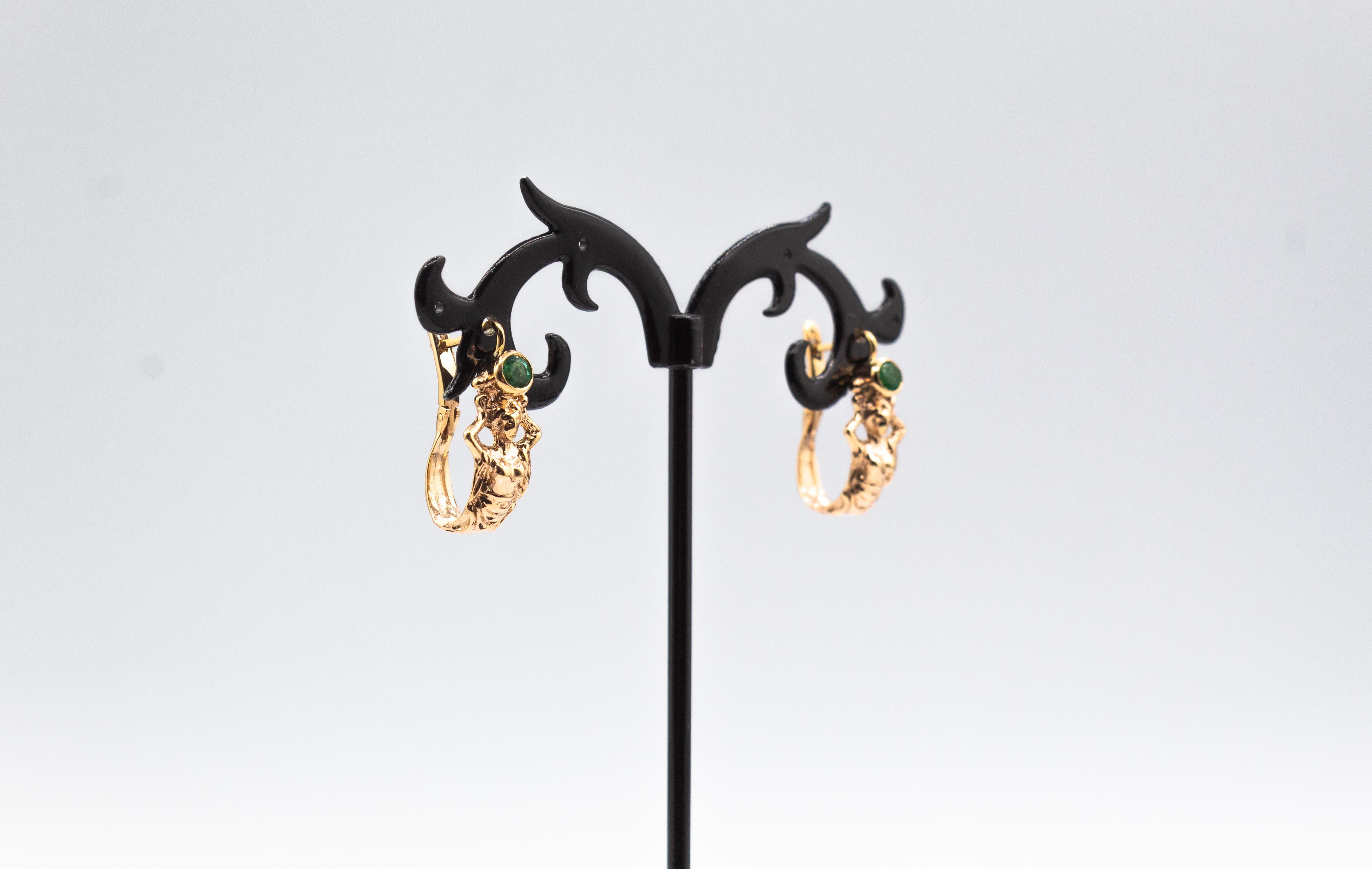 Art Nouveau Style Handcrafted Emerald Yellow Gold Lever-Back Dangle Earrings 6