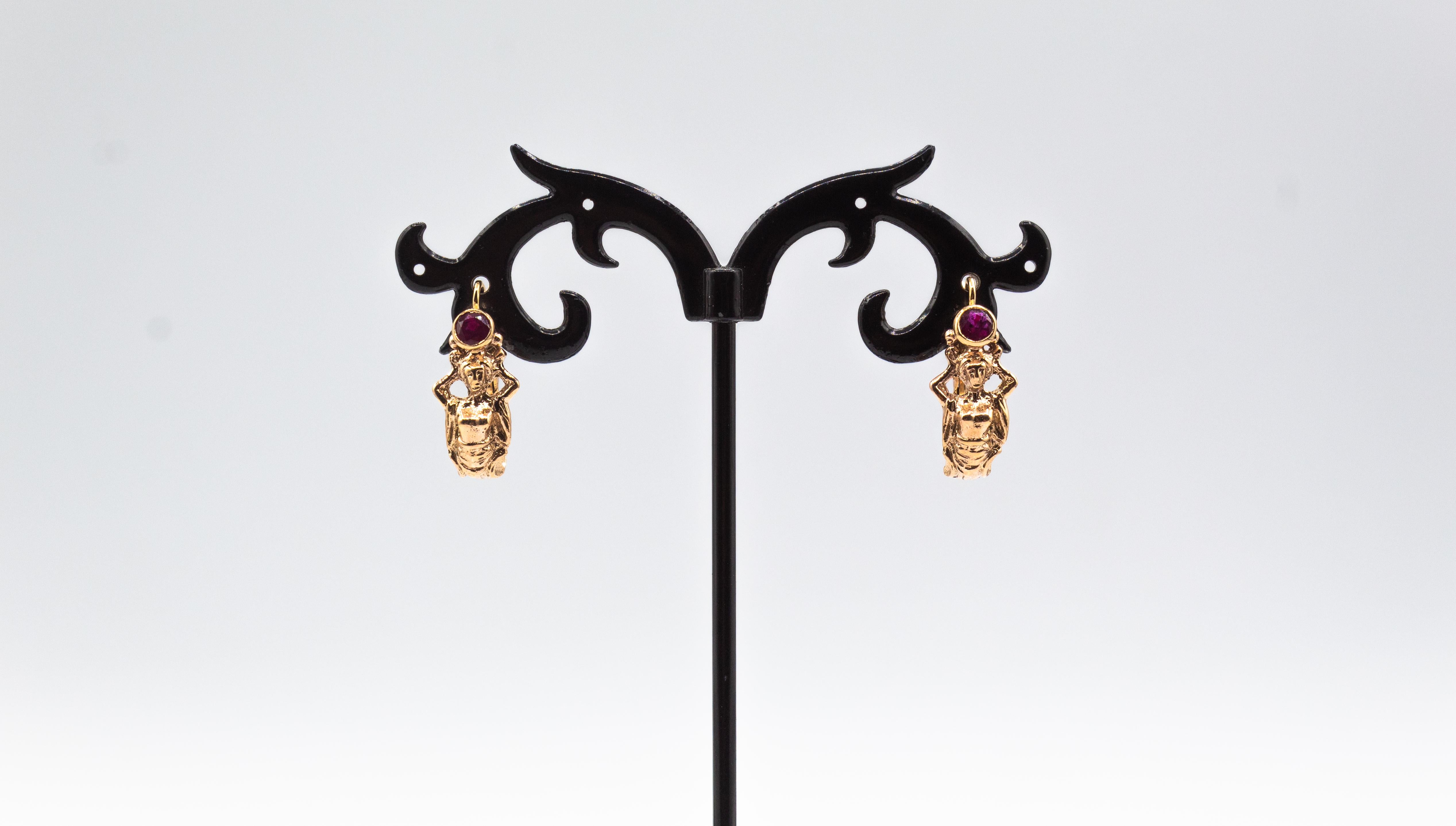 Art Nouveau Style Handcrafted Emerald Yellow Gold Lever-Back Dangle Earrings 8