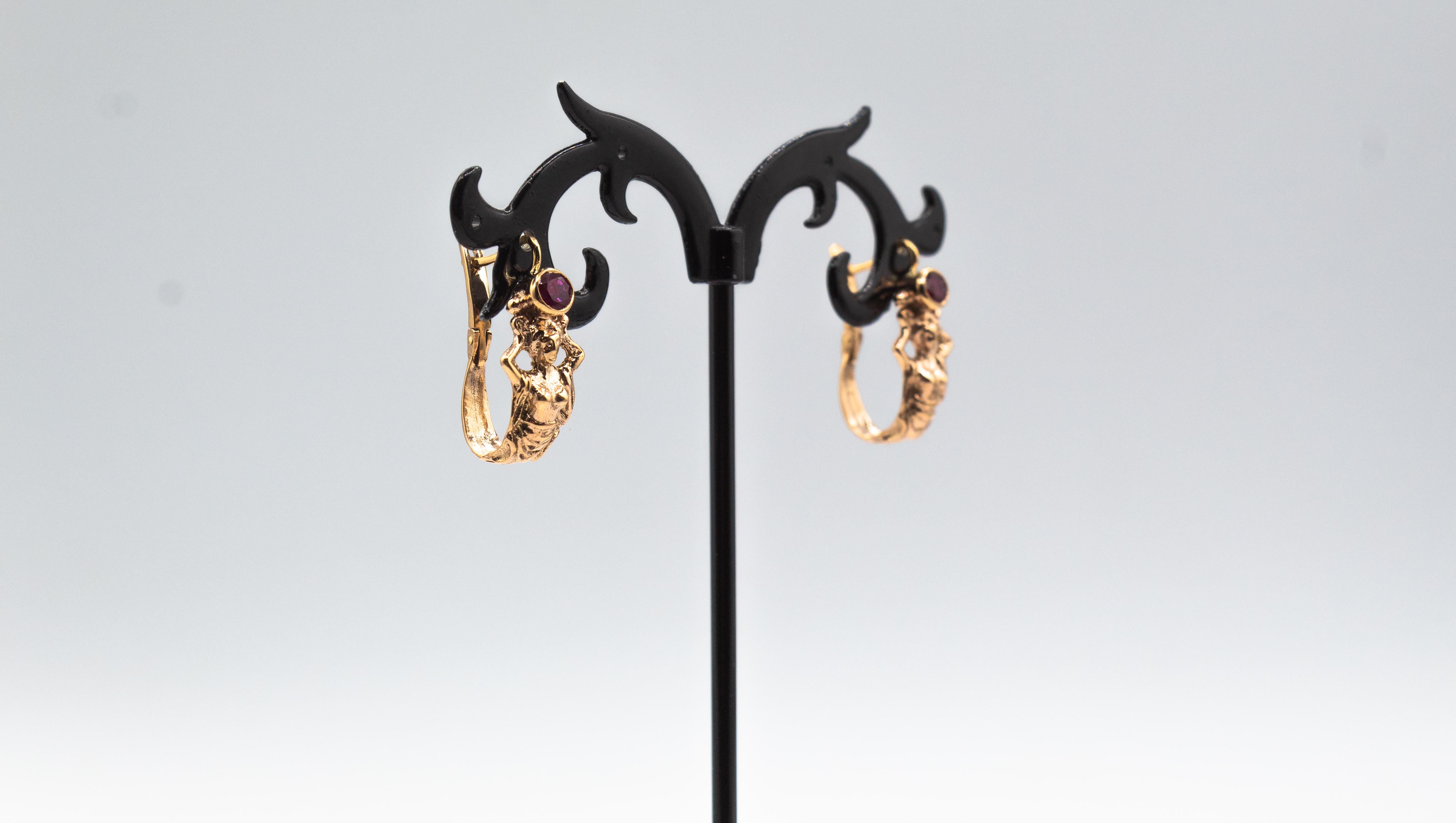 Art Nouveau Style Handcrafted Emerald Yellow Gold Lever-Back Dangle Earrings 9