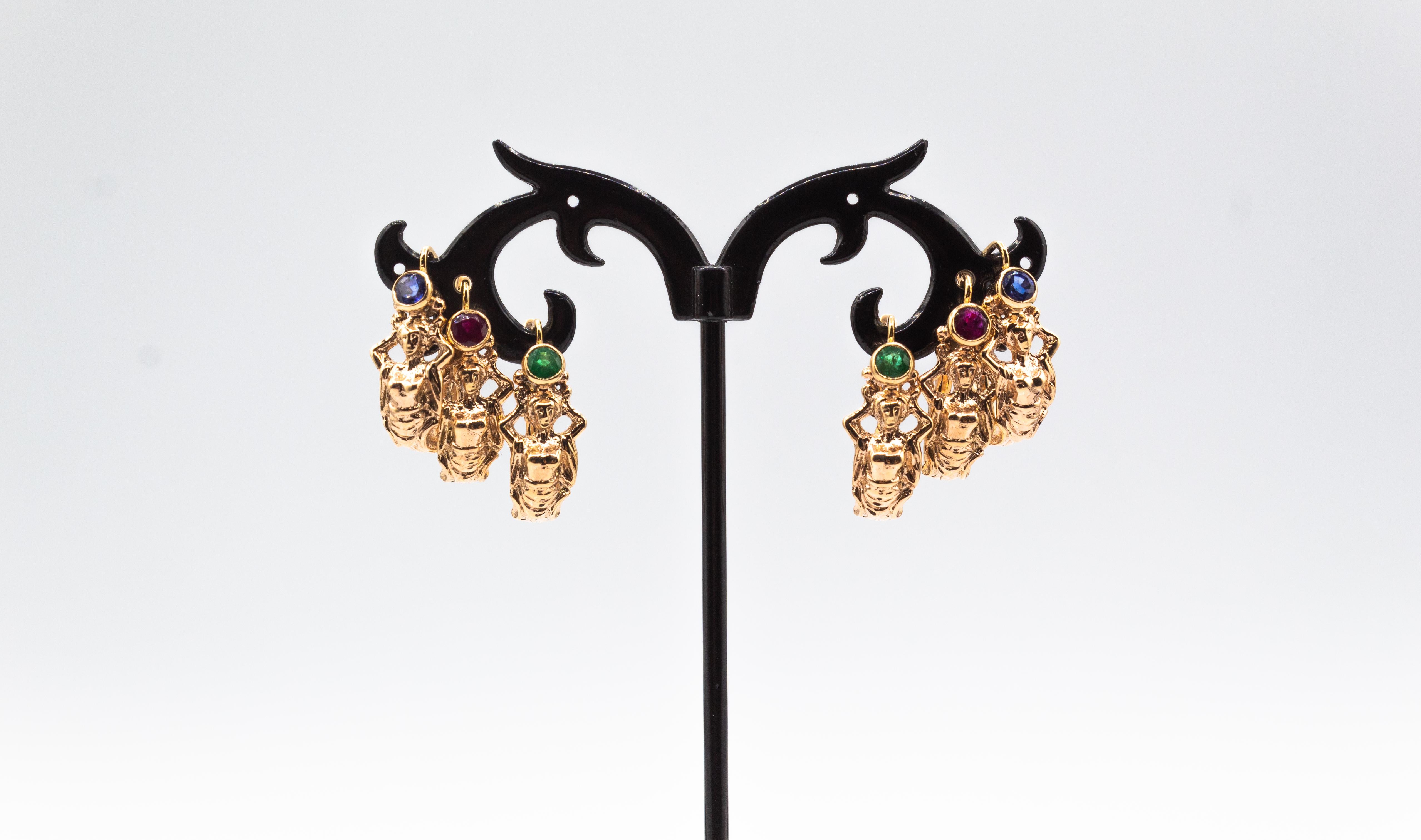 Art Nouveau Style Handcrafted Emerald Yellow Gold Lever-Back Dangle Earrings 12