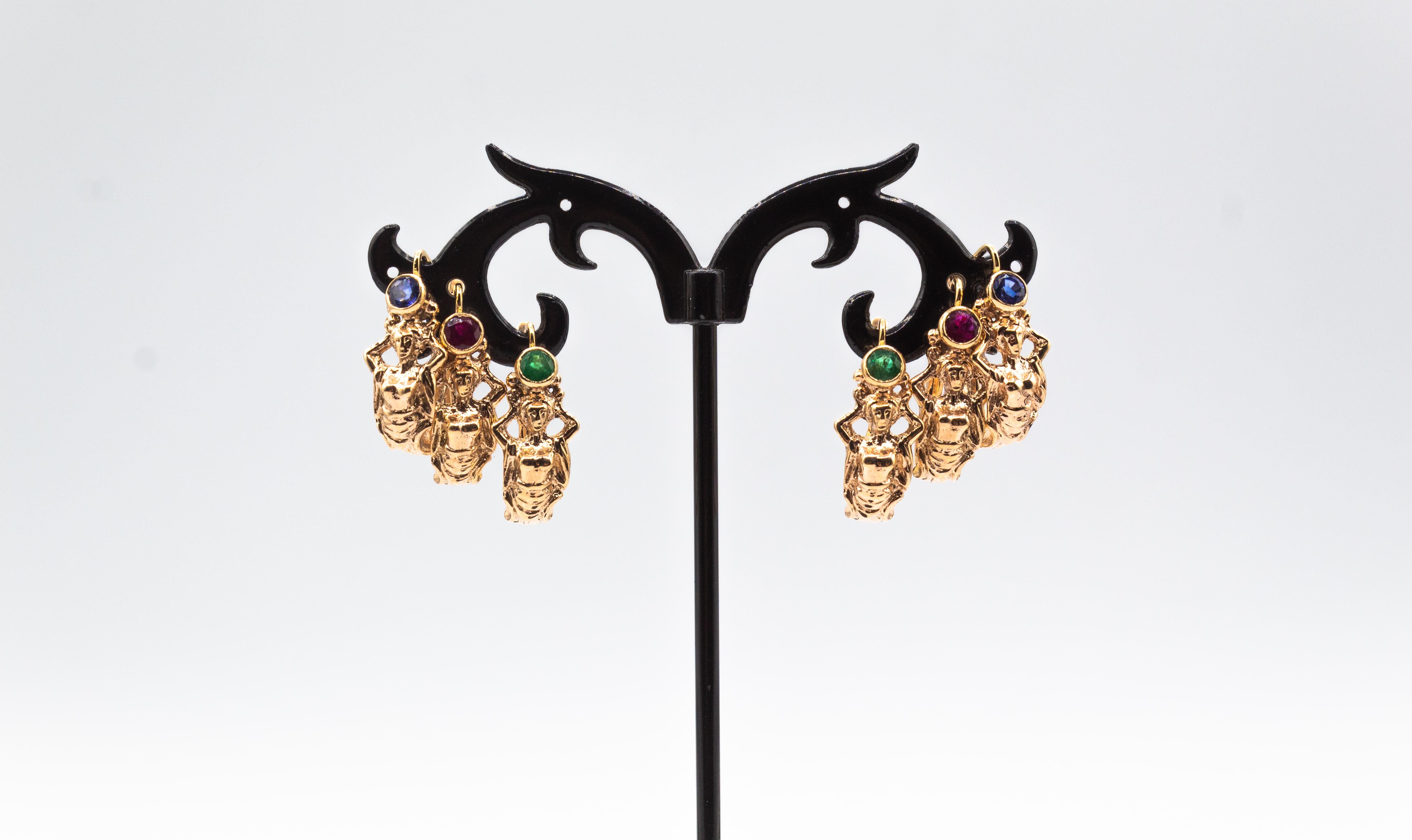 Art Nouveau Style Handcrafted Emerald Yellow Gold Lever-Back Dangle Earrings 13