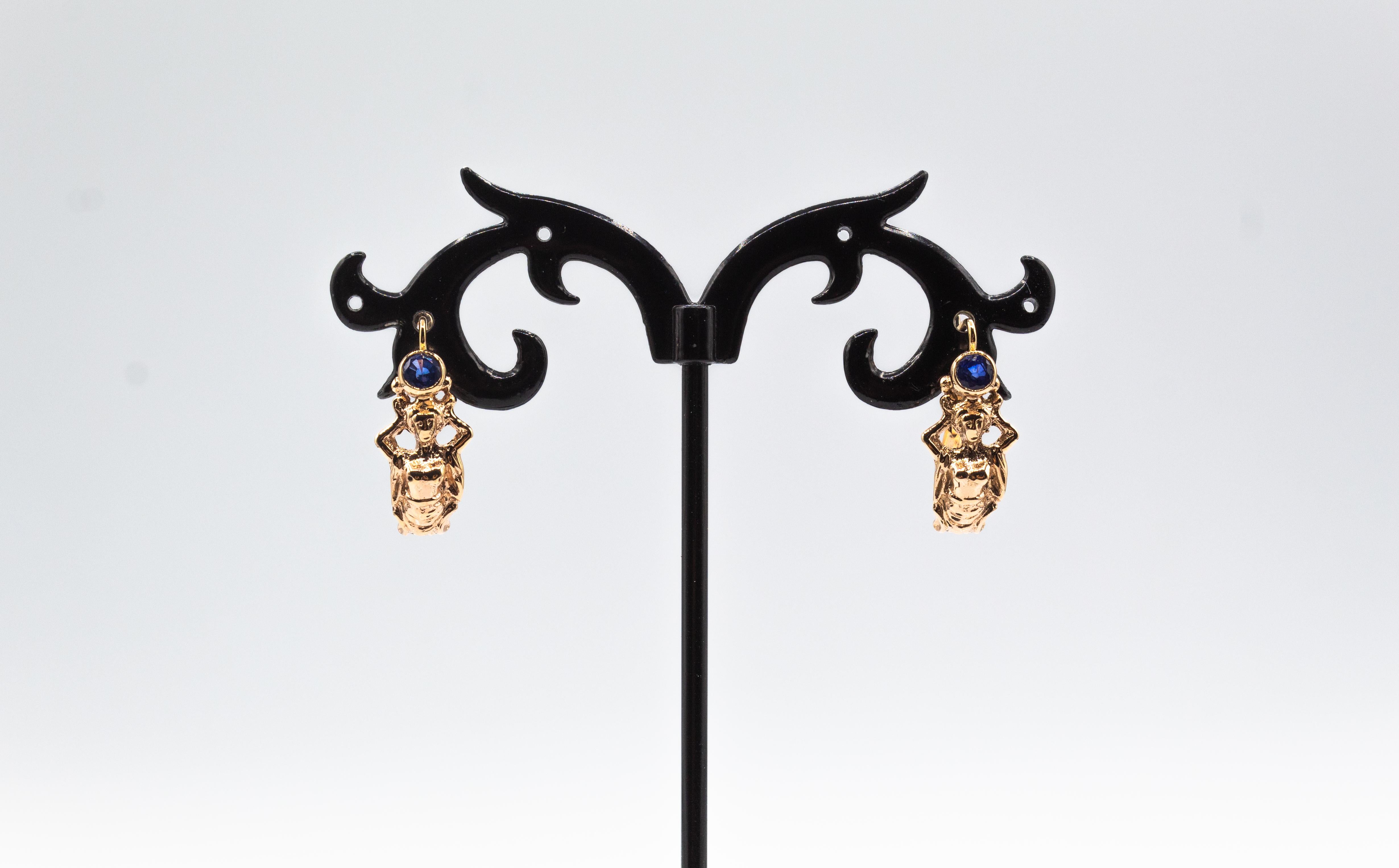 Round Cut Art Nouveau Style Handcrafted Emerald Yellow Gold Lever-Back Dangle Earrings