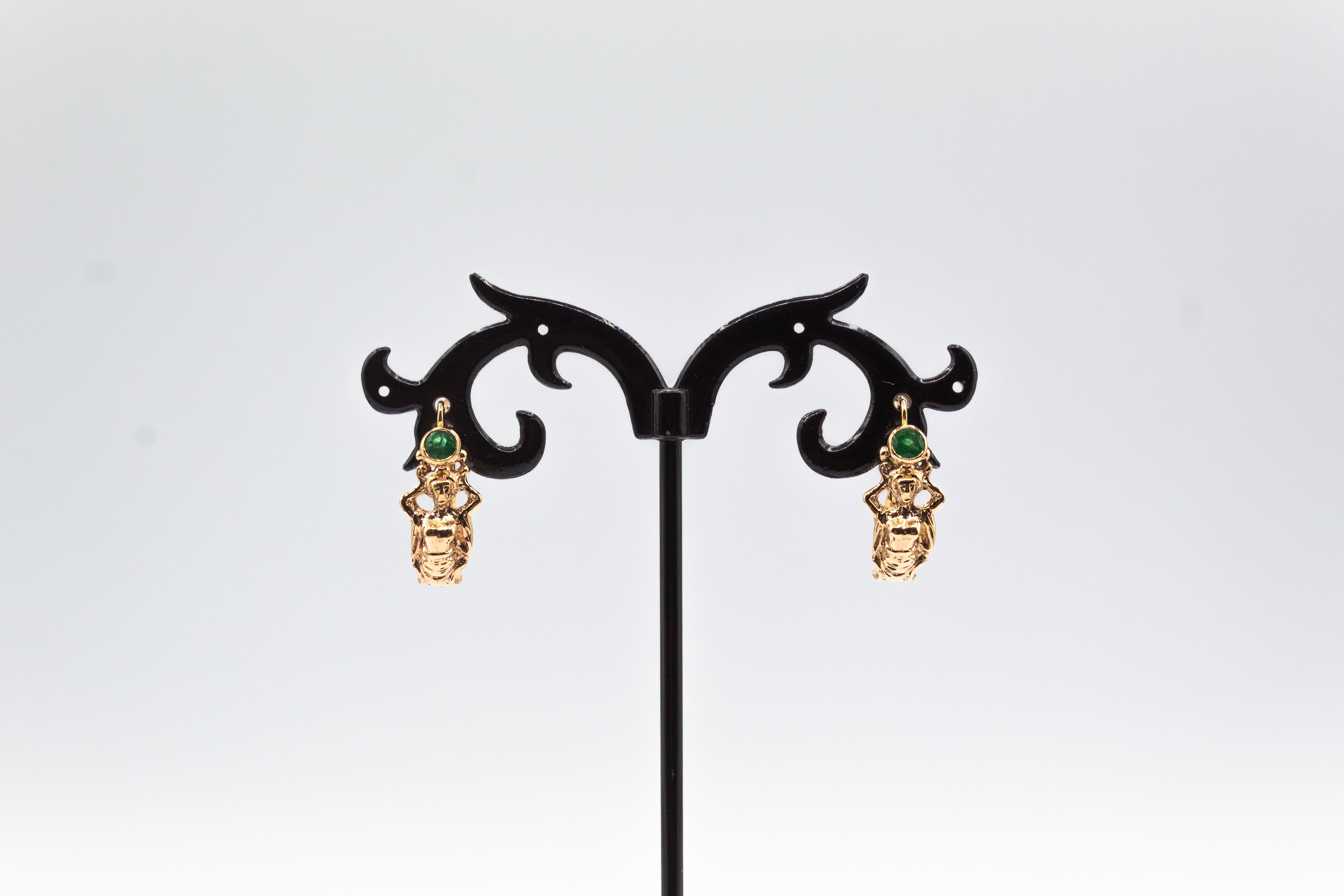 Art Nouveau Style Handcrafted Emerald Yellow Gold Lever-Back Dangle Earrings For Sale 2