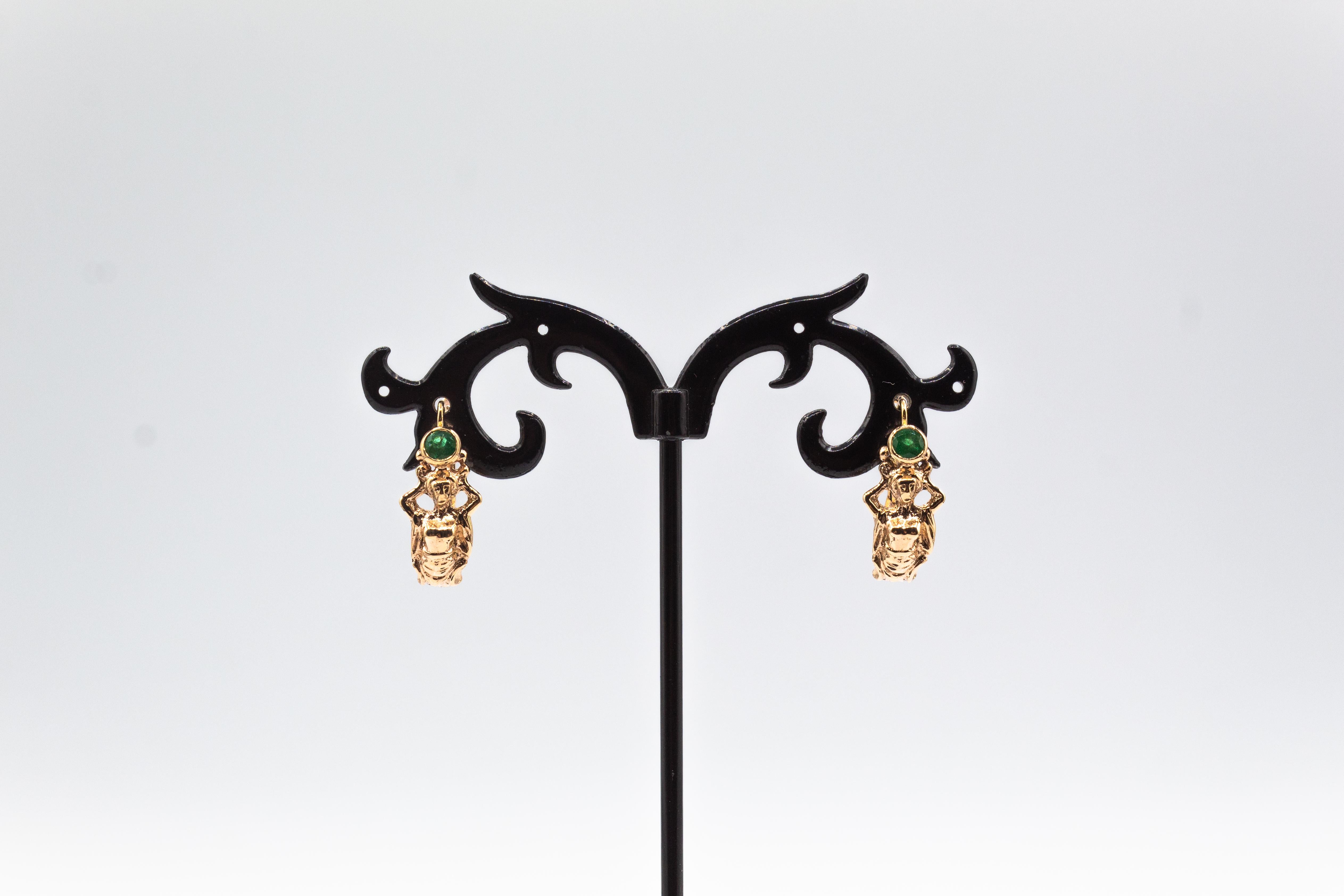Art Nouveau Style Handcrafted Emerald Yellow Gold Lever-Back Dangle Earrings 2