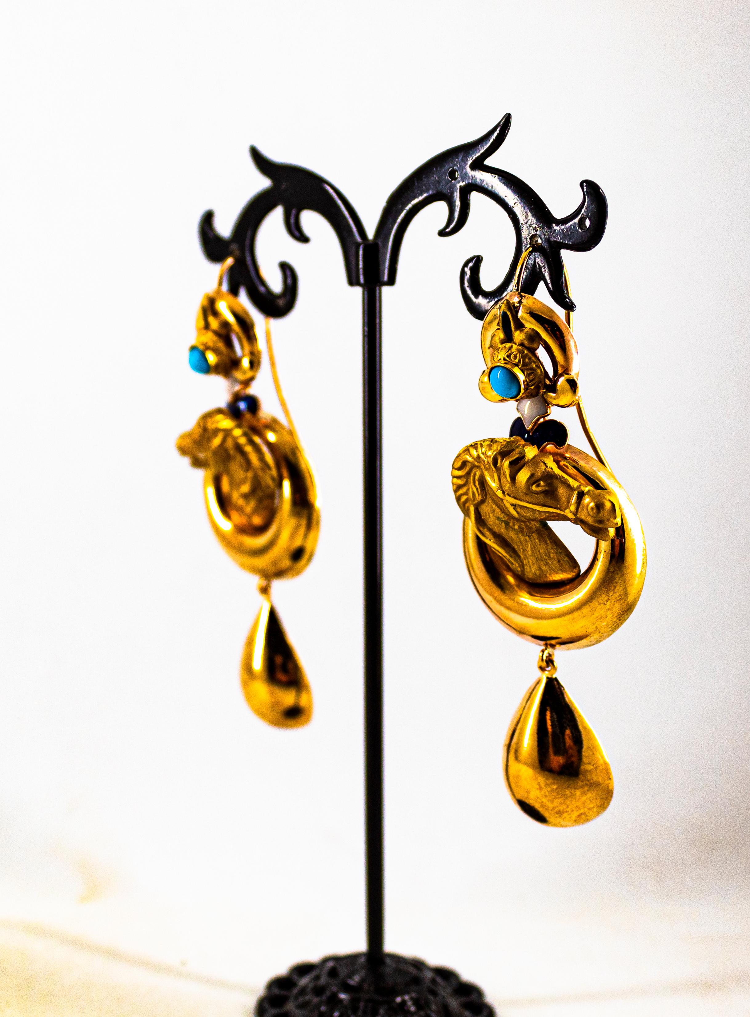 Art Nouveau Style Handcrafted Enamel Turquoise Yellow Gold Drop Horses Earrings For Sale 4