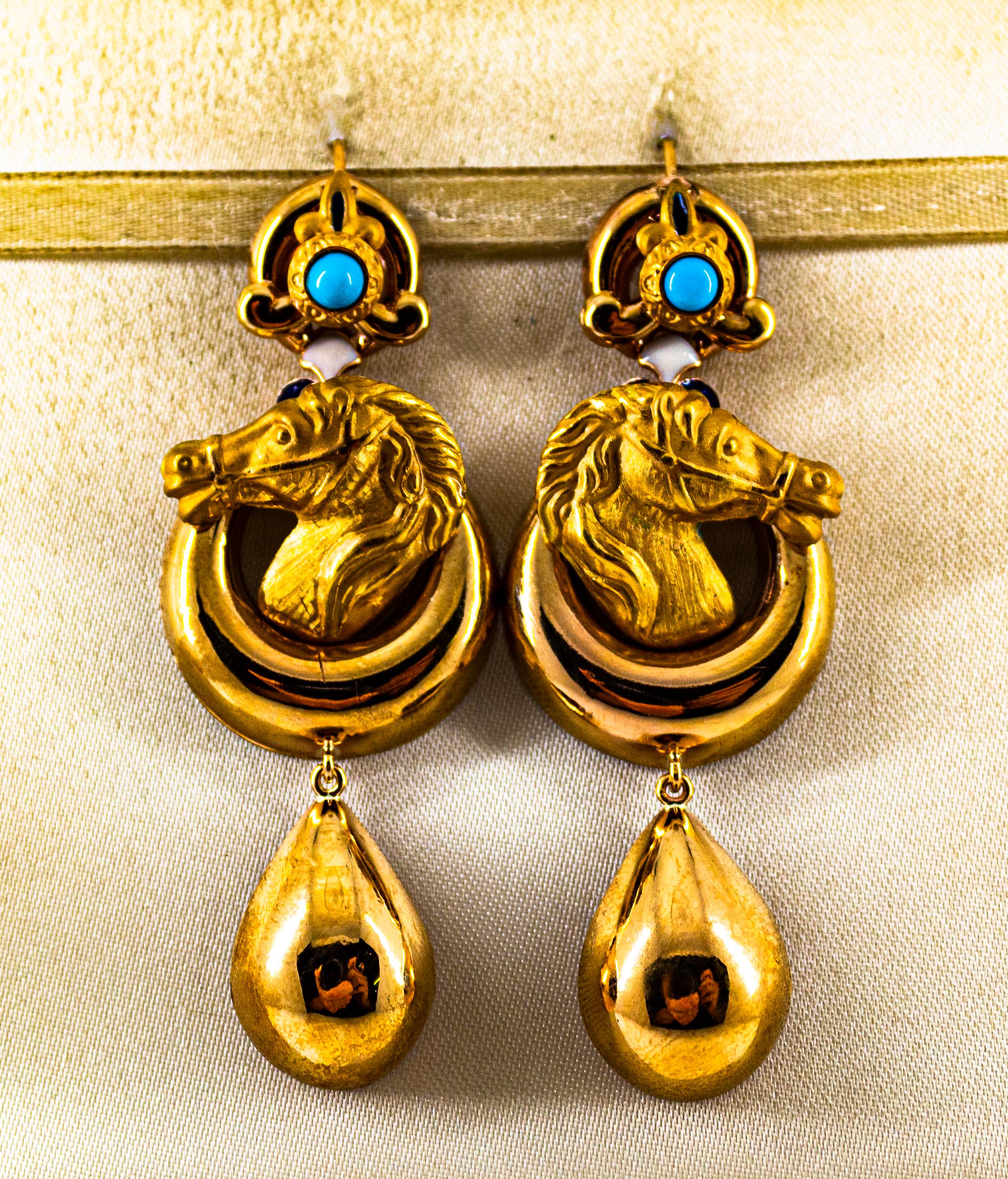 These Earrings are made of 9K Yellow Gold.
These Earrings are available also in 14K or 18K Yellow or White Gold.
These Earrings have Natural Turquoise and Enamel.
These Earrings are inspired by Art Nouveau.

All our Earrings have pins for pierced