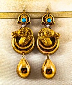 Art Nouveau Style Handcrafted Enamel Turquoise Yellow Gold Drop Horses Earrings