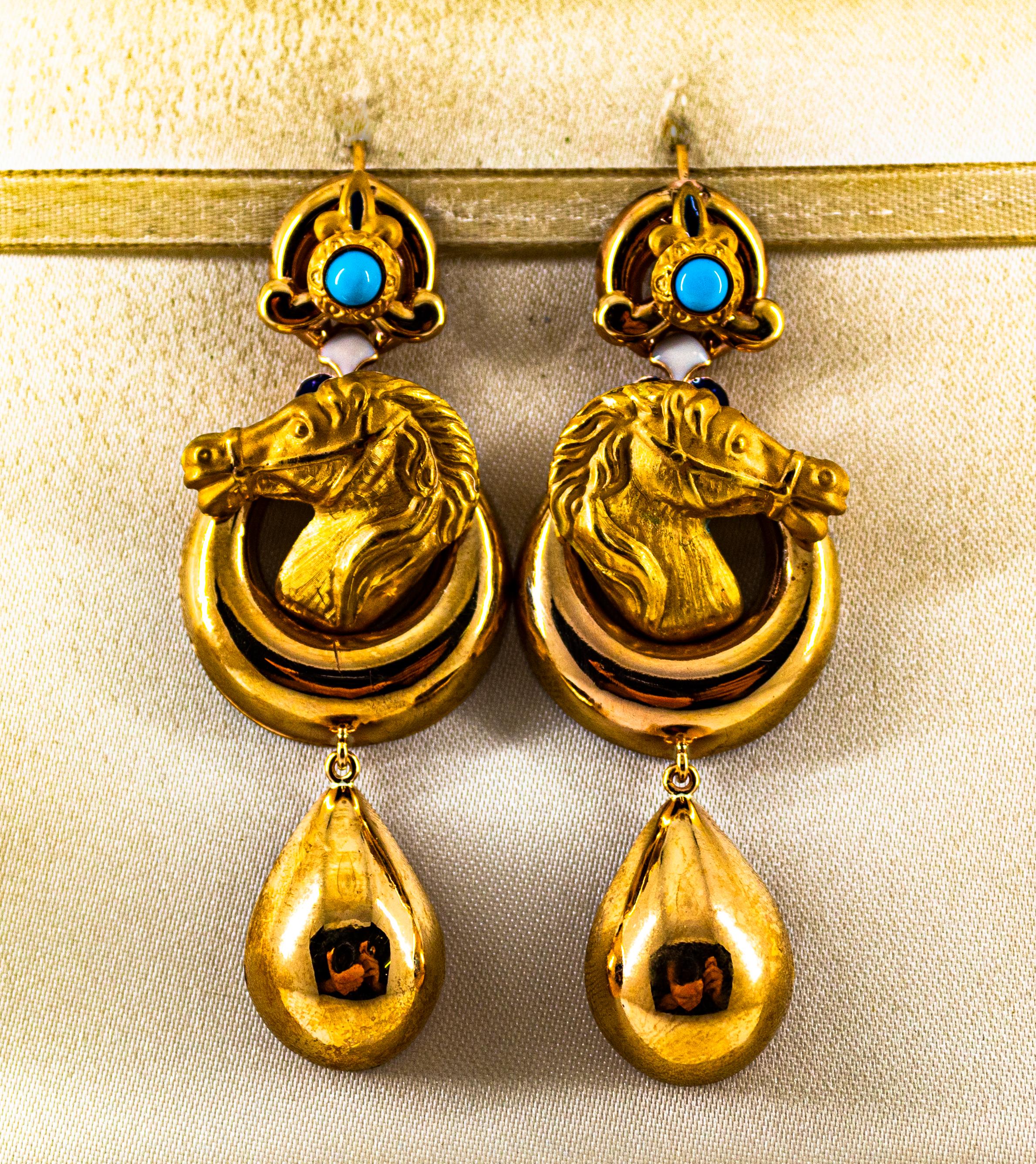 Art nouveau Boucles d'oreilles pendantes style Art Nouveau en or jaune, émail et turquoise, fabriquées à la main en vente