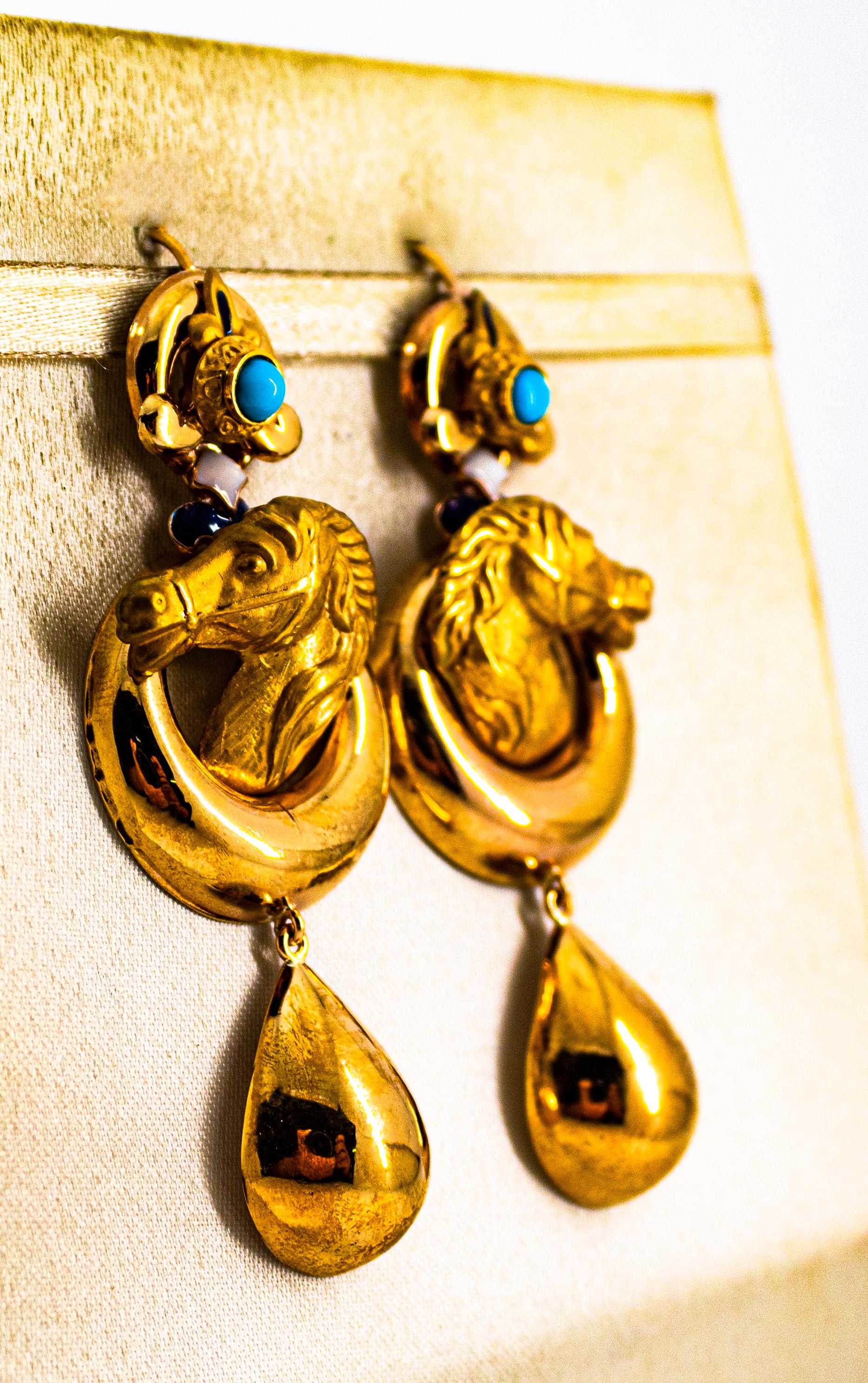 Cabochon Art Nouveau Style Handcrafted Enamel Turquoise Yellow Gold Drop Horses Earrings For Sale