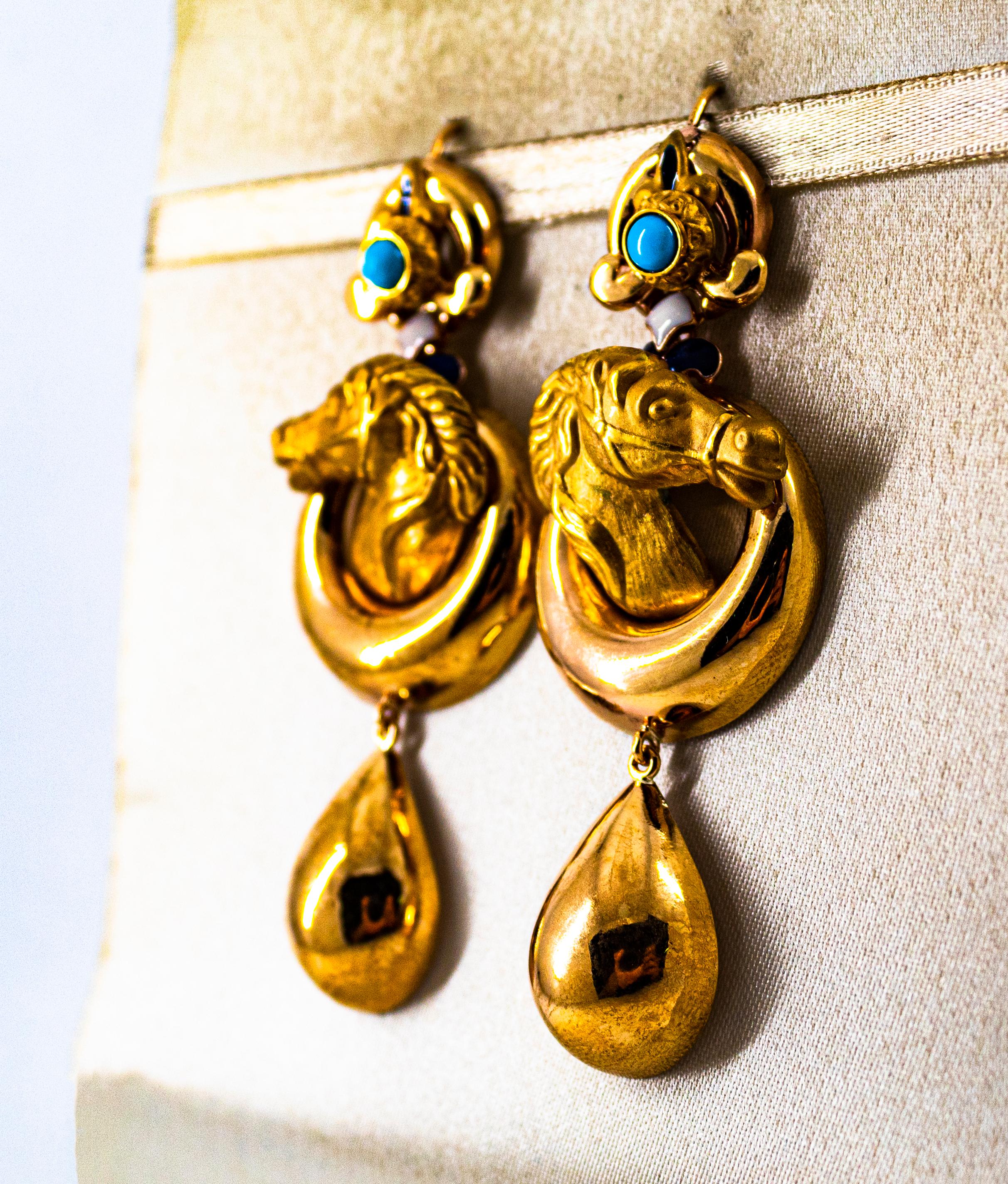 Art Nouveau Style Handcrafted Enamel Turquoise Yellow Gold Drop Horses Earrings In New Condition For Sale In Naples, IT