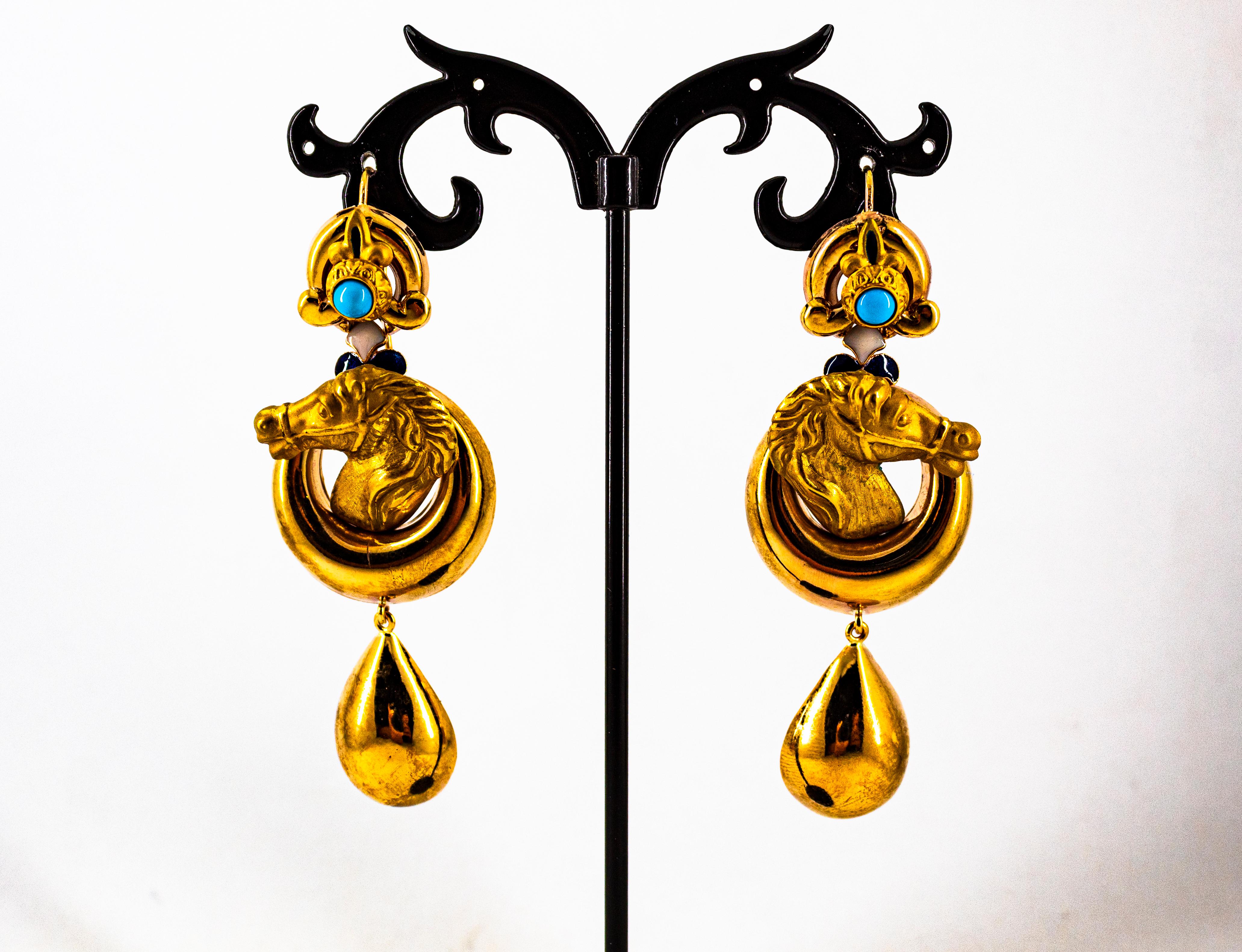 Women's or Men's Art Nouveau Style Handcrafted Enamel Turquoise Yellow Gold Drop Horses Earrings For Sale