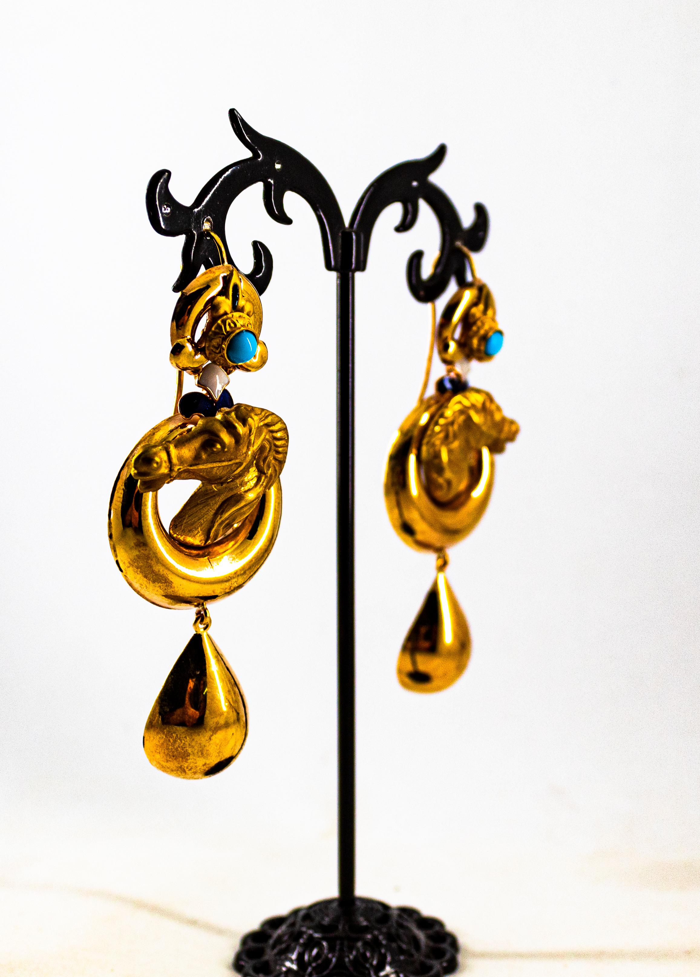 Art Nouveau Style Handcrafted Enamel Turquoise Yellow Gold Drop Horses Earrings For Sale 1