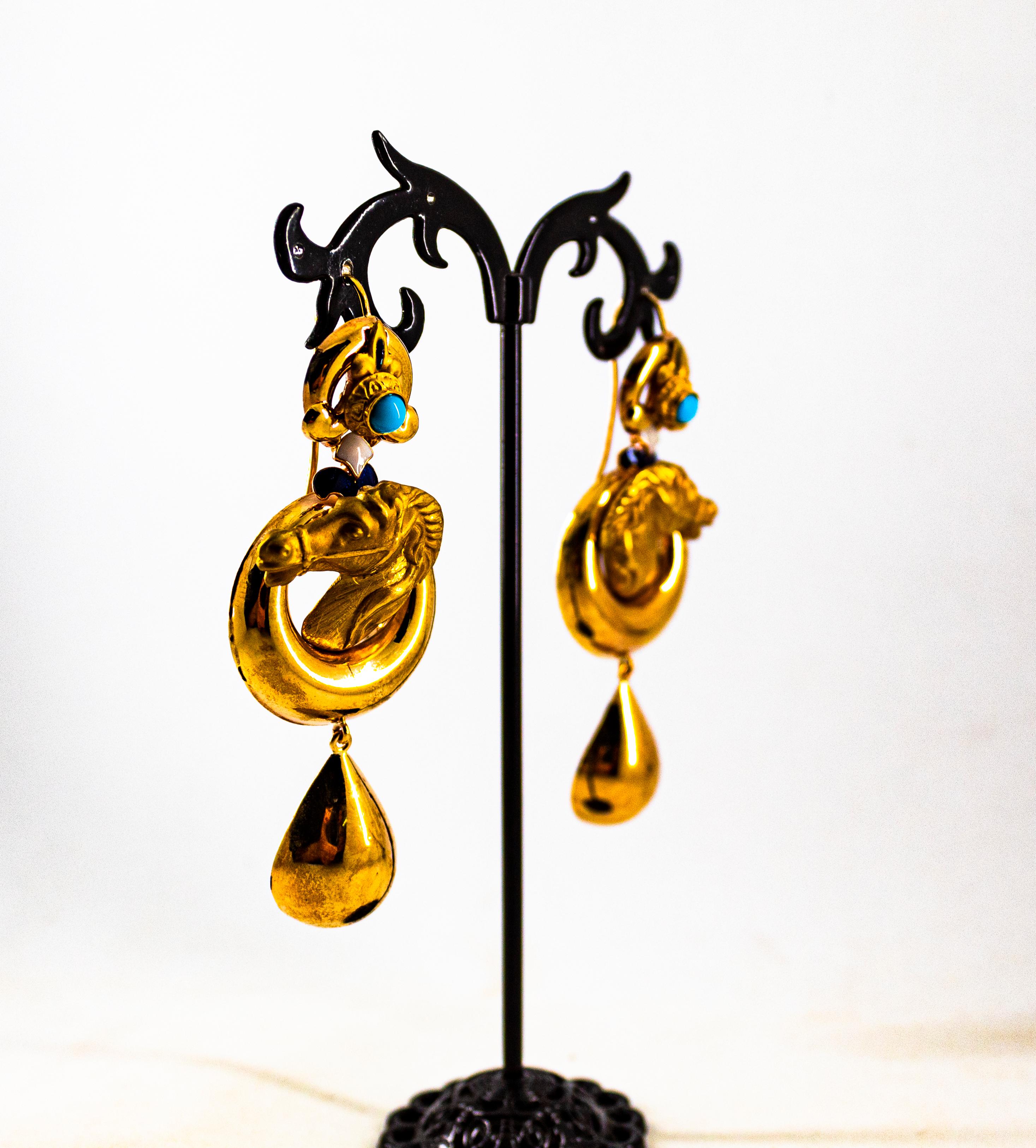 Art Nouveau Style Handcrafted Enamel Turquoise Yellow Gold Drop Horses Earrings For Sale 2