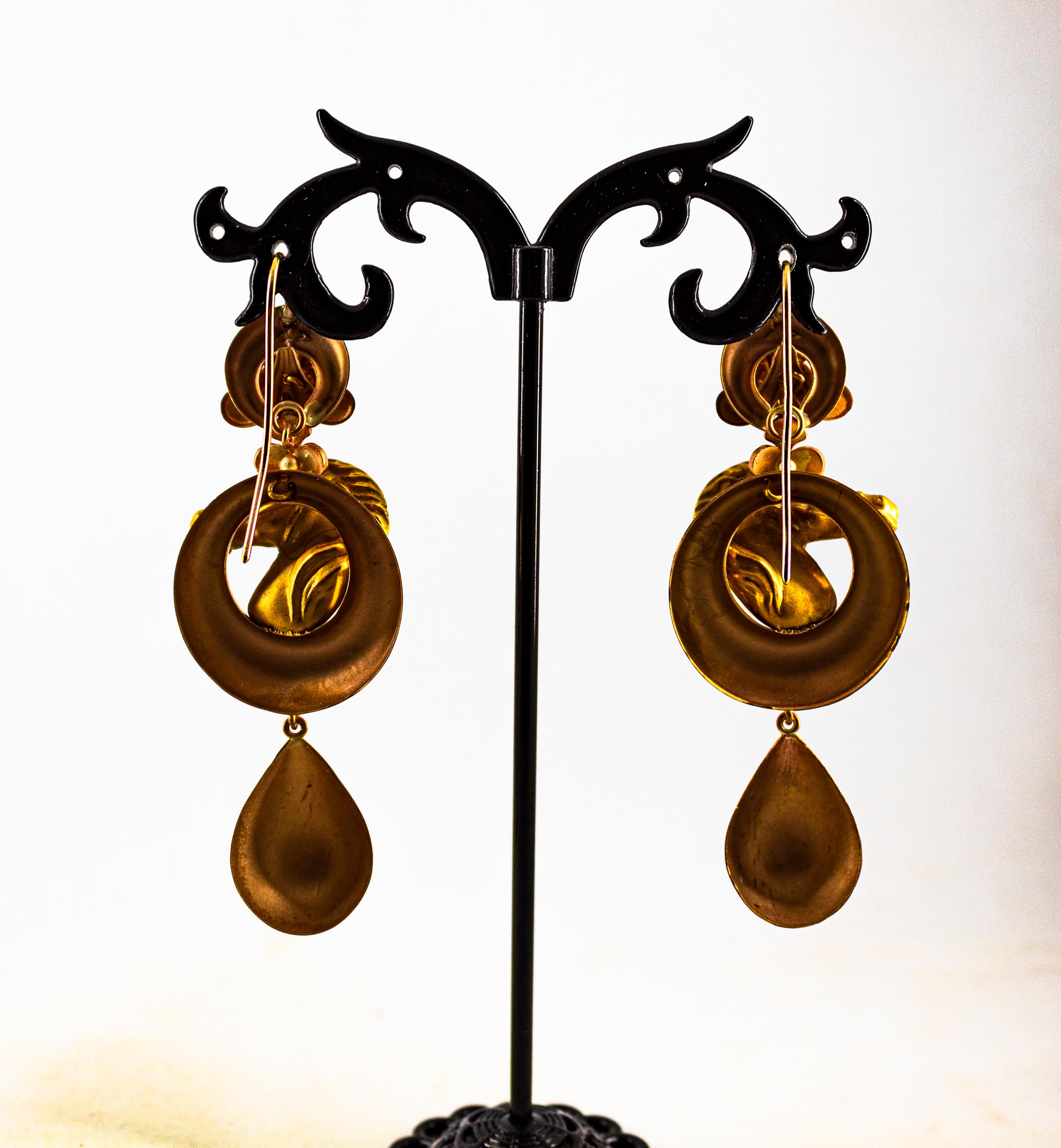 Art Nouveau Style Handcrafted Enamel Turquoise Yellow Gold Drop Horses Earrings For Sale 3