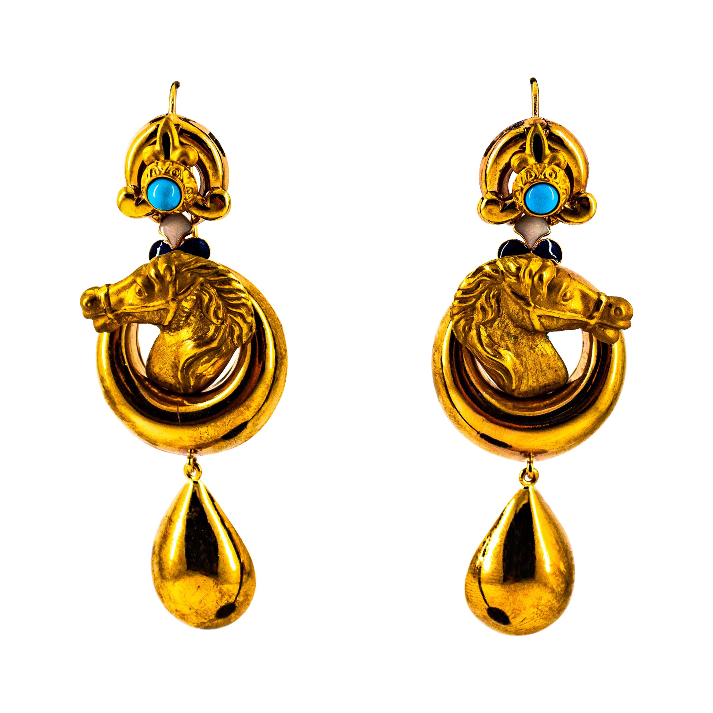 Art Nouveau Style Handcrafted Enamel Turquoise Yellow Gold Drop Horses Earrings