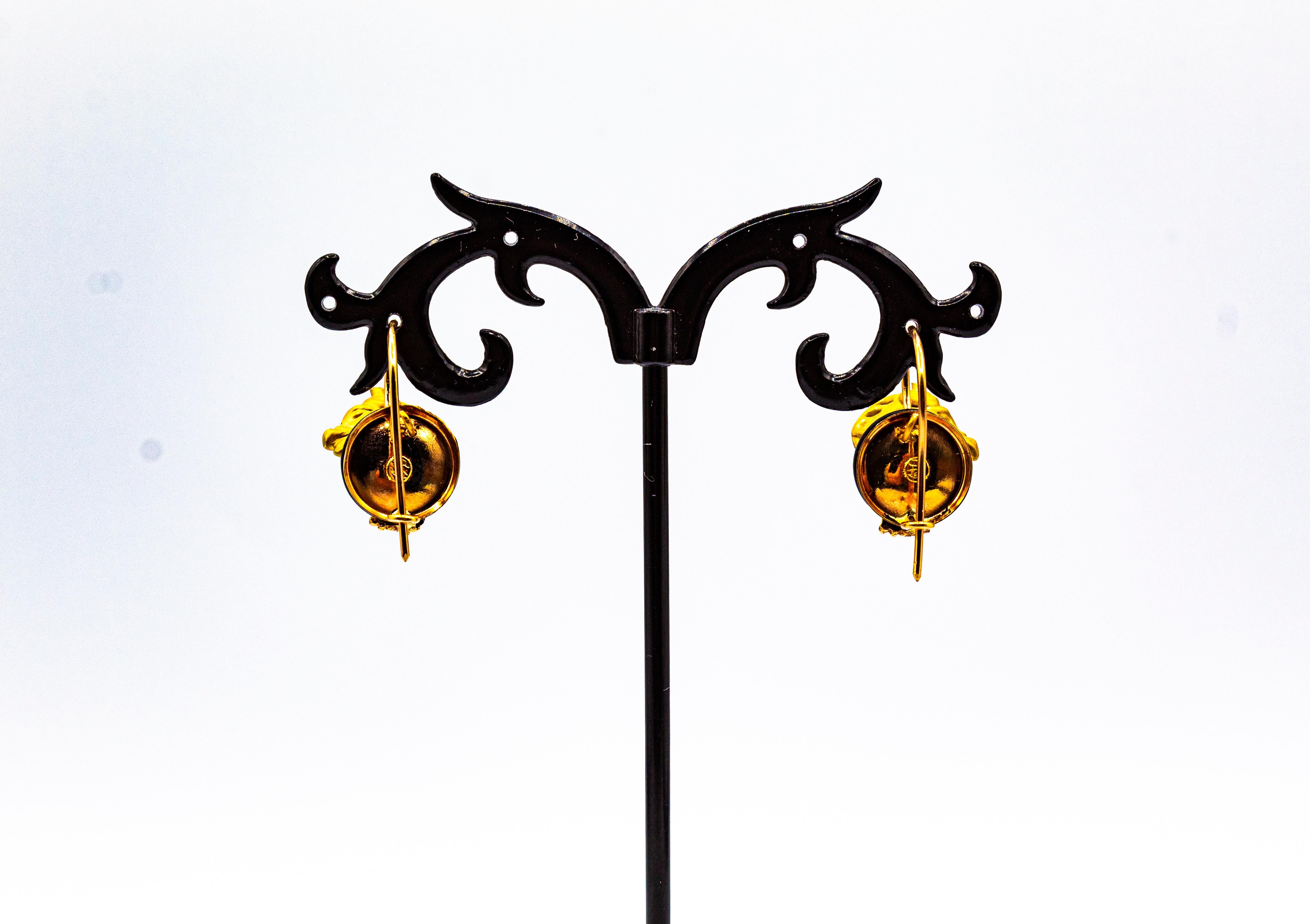 Women's or Men's Art Nouveau Style Handcrafted Onyx Yellow Gold Stud Dangle 