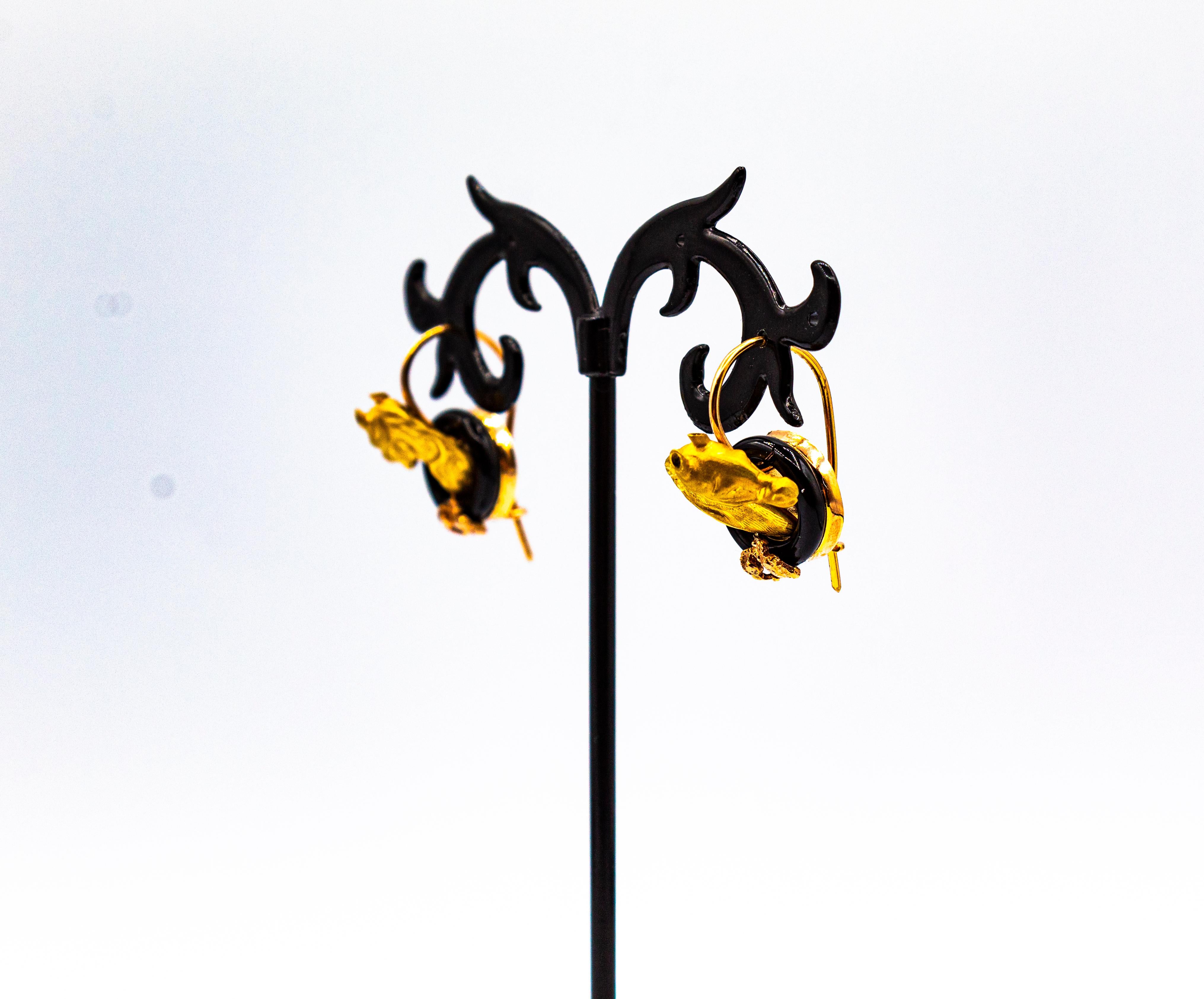 Art Nouveau Style Handcrafted Onyx Yellow Gold Stud Dangle 