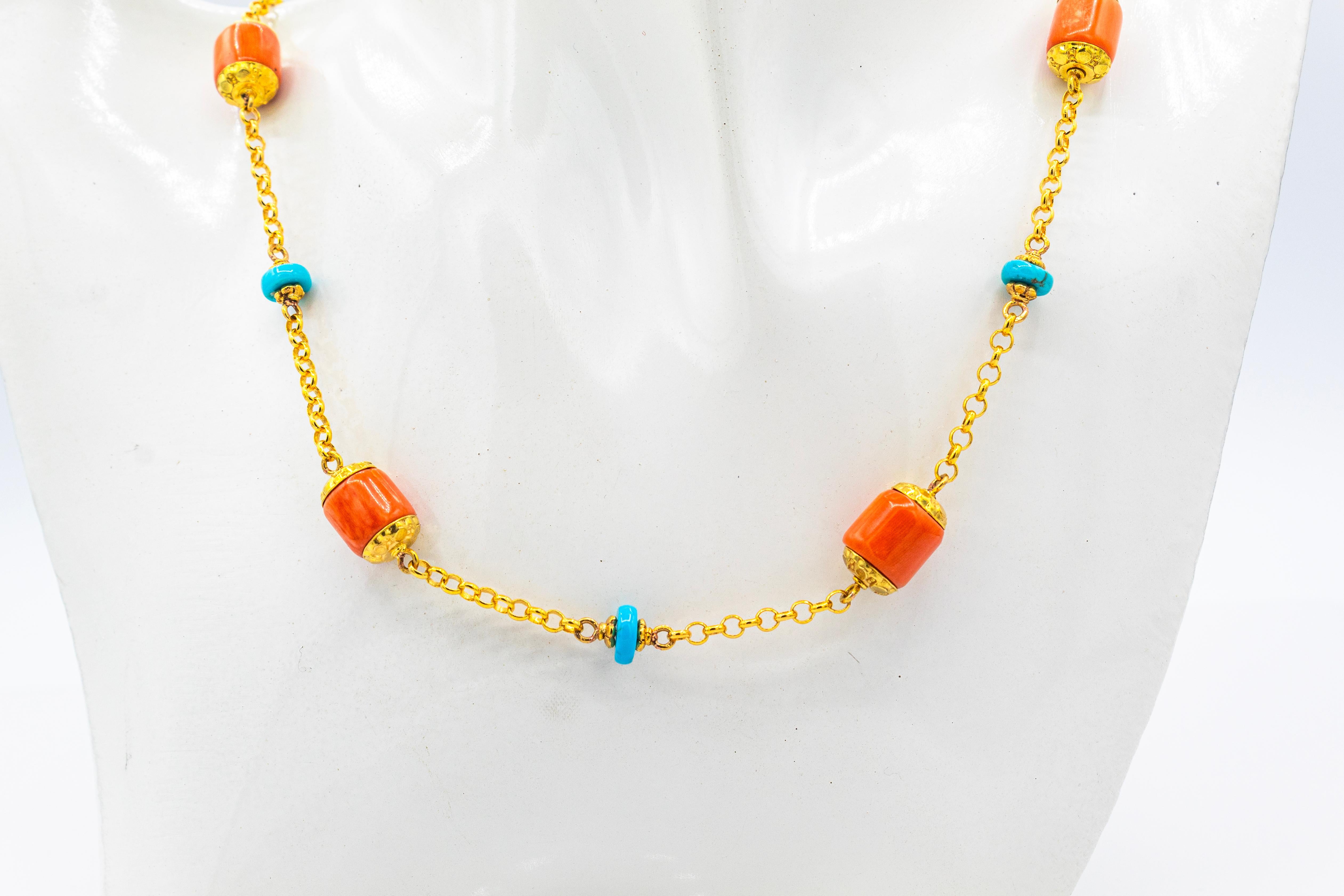 Art Nouveau Style Handcrafted Peach Coral Turquoise Yellow Gold Necklace For Sale 5