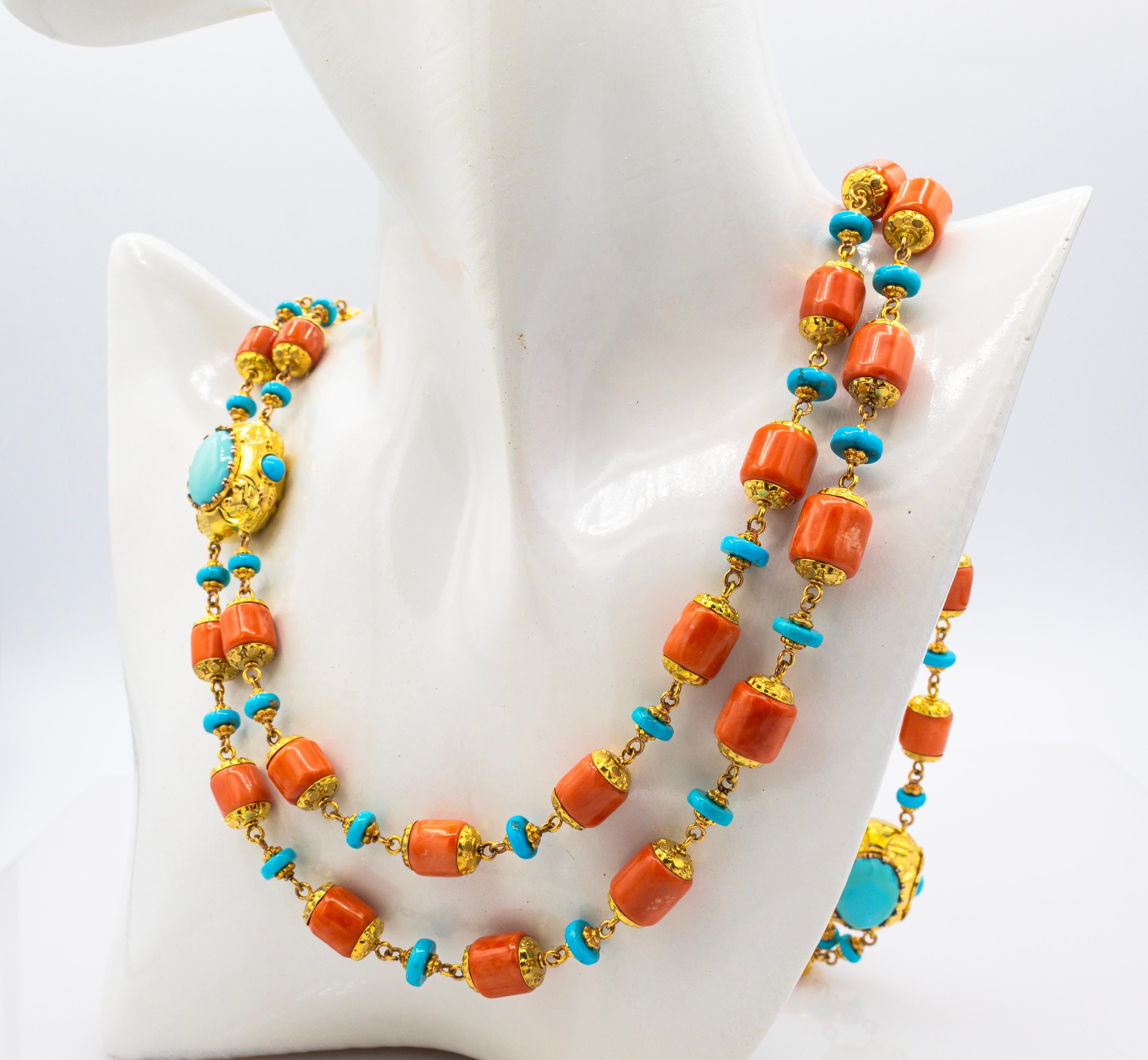 Collana in stile Art Nouveau realizzata a mano con corallo pesca e turchese in oro giallo in vendita 5