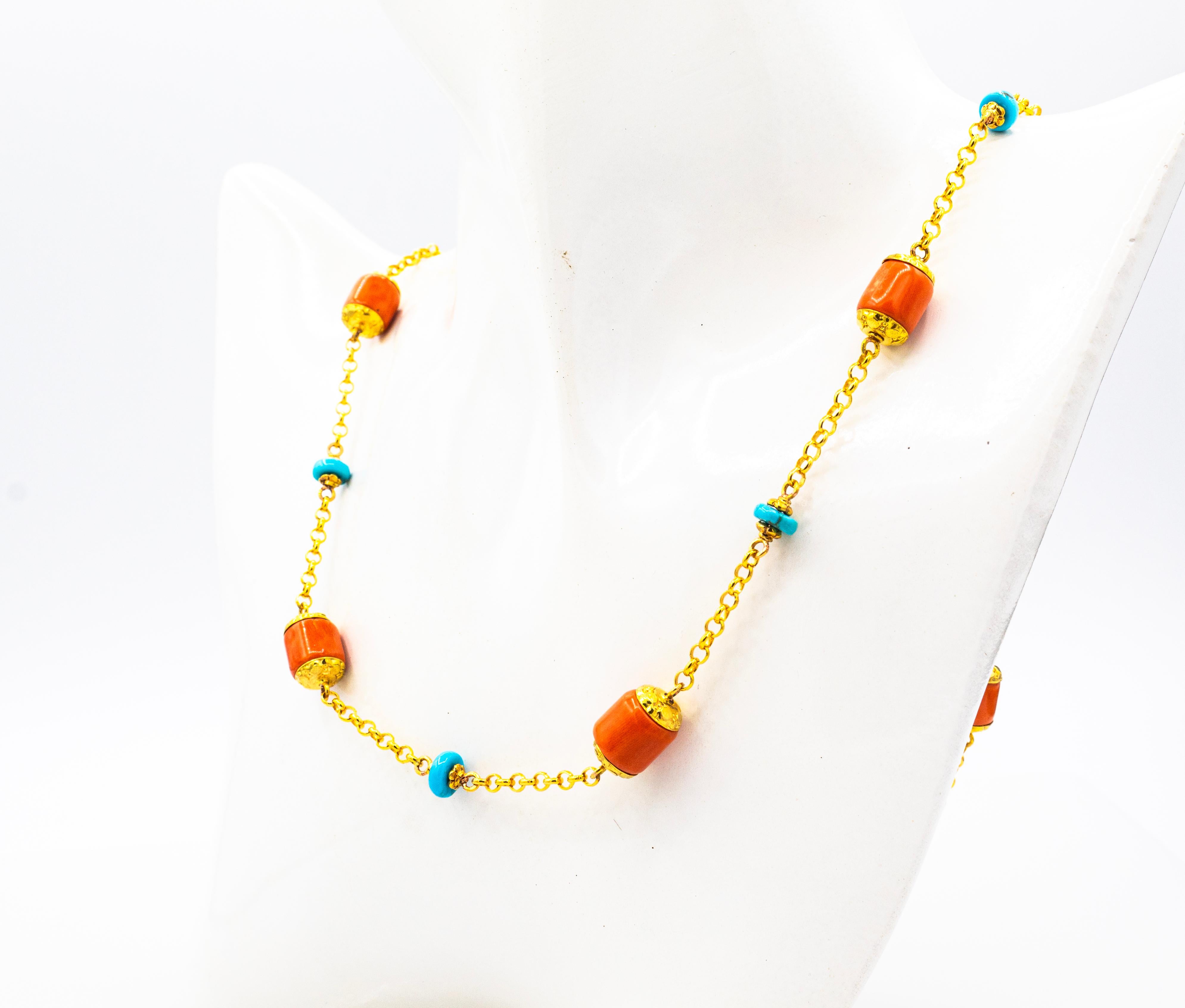 Art Nouveau Style Handcrafted Peach Coral Turquoise Yellow Gold Necklace For Sale 6