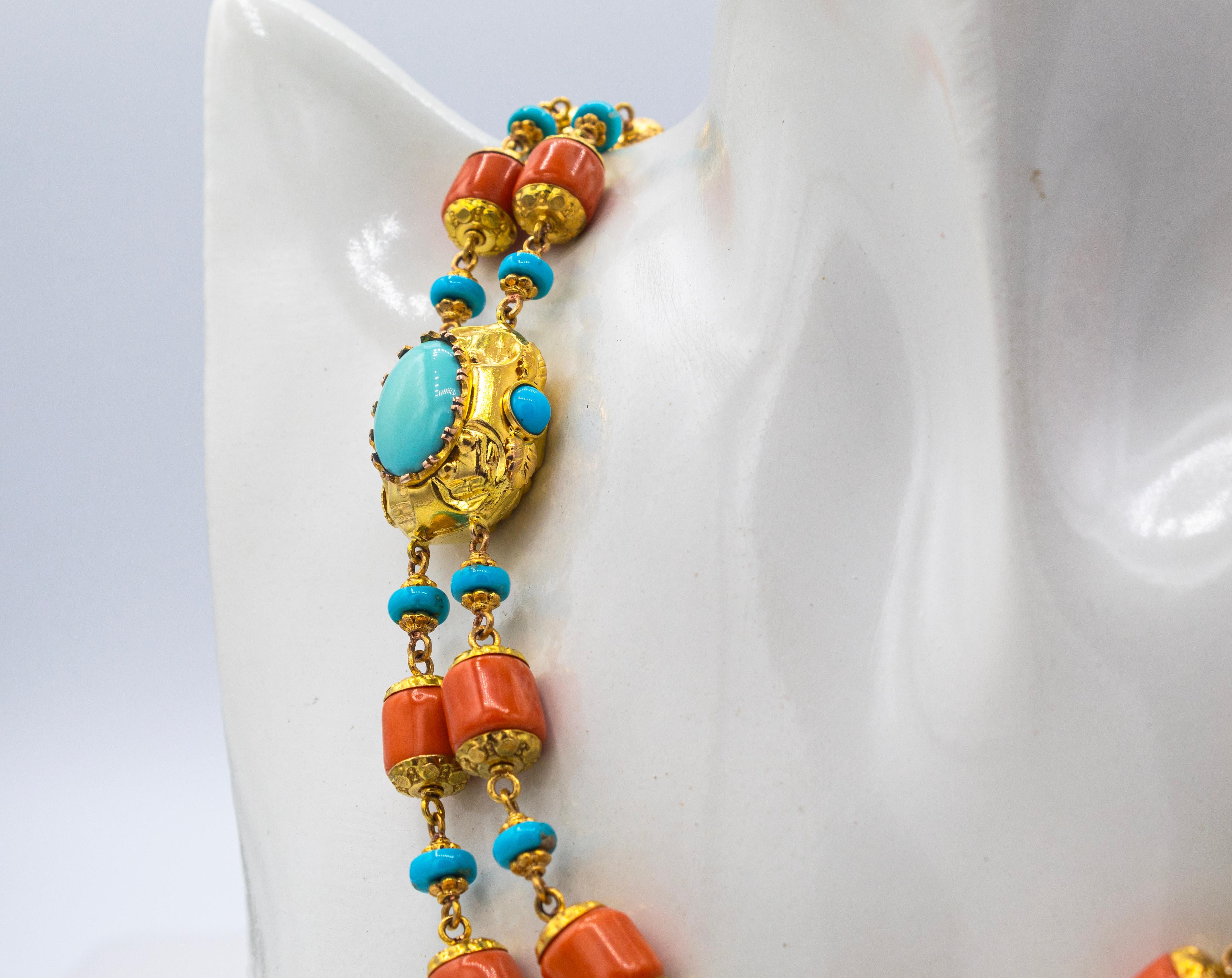 Collana in stile Art Nouveau realizzata a mano con corallo pesca e turchese in oro giallo in vendita 6