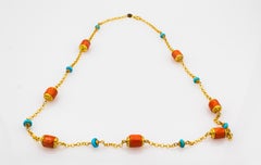 Art Nouveau Style Handcrafted Peach Coral Turquoise Yellow Gold Necklace