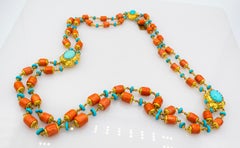 Art Nouveau Style Handcrafted Peach Coral Turquoise Yellow Gold Necklace