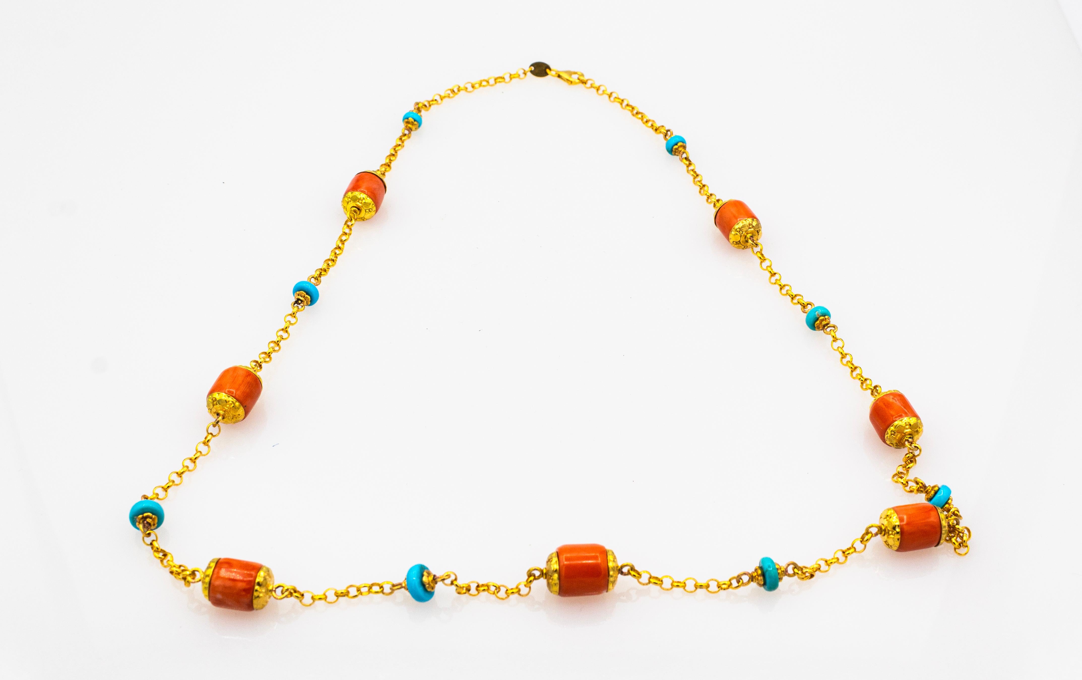 Mixed Cut Art Nouveau Style Handcrafted Peach Coral Turquoise Yellow Gold Necklace For Sale