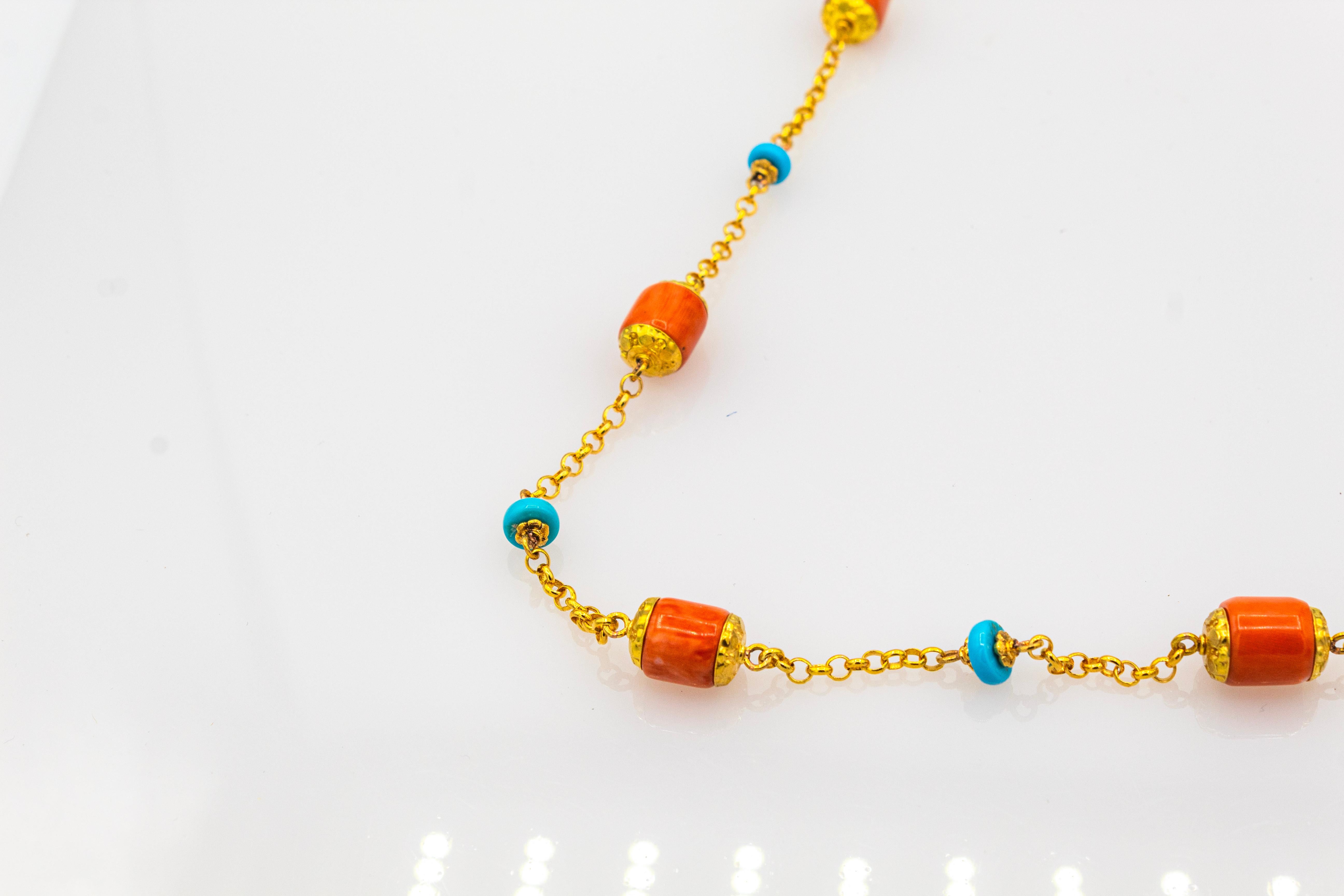 Art Nouveau Style Handcrafted Peach Coral Turquoise Yellow Gold Necklace In New Condition In Naples, IT