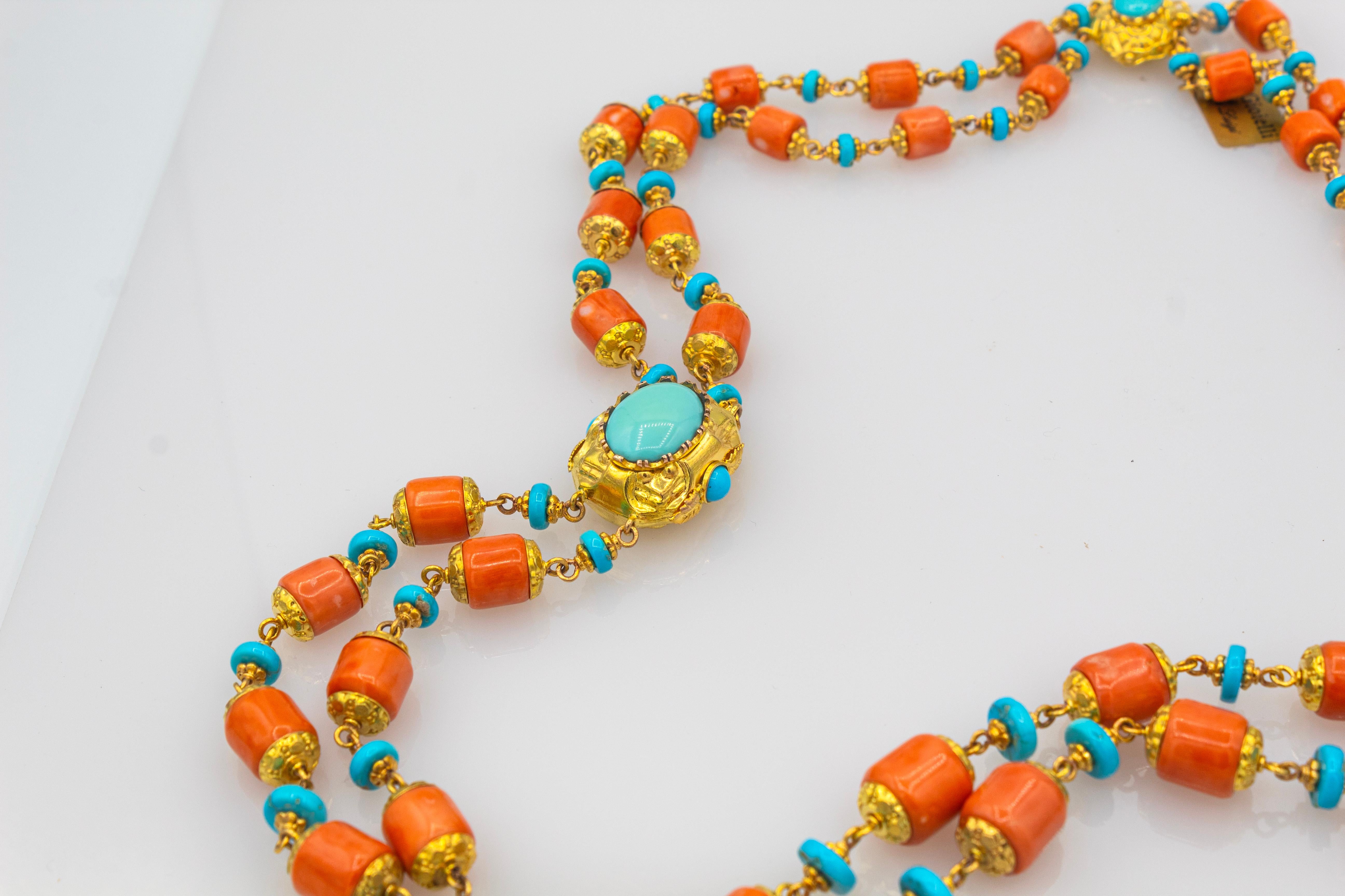 Collana in stile Art Nouveau realizzata a mano con corallo pesca e turchese in oro giallo In condizioni Nuovo in vendita a Naples, IT