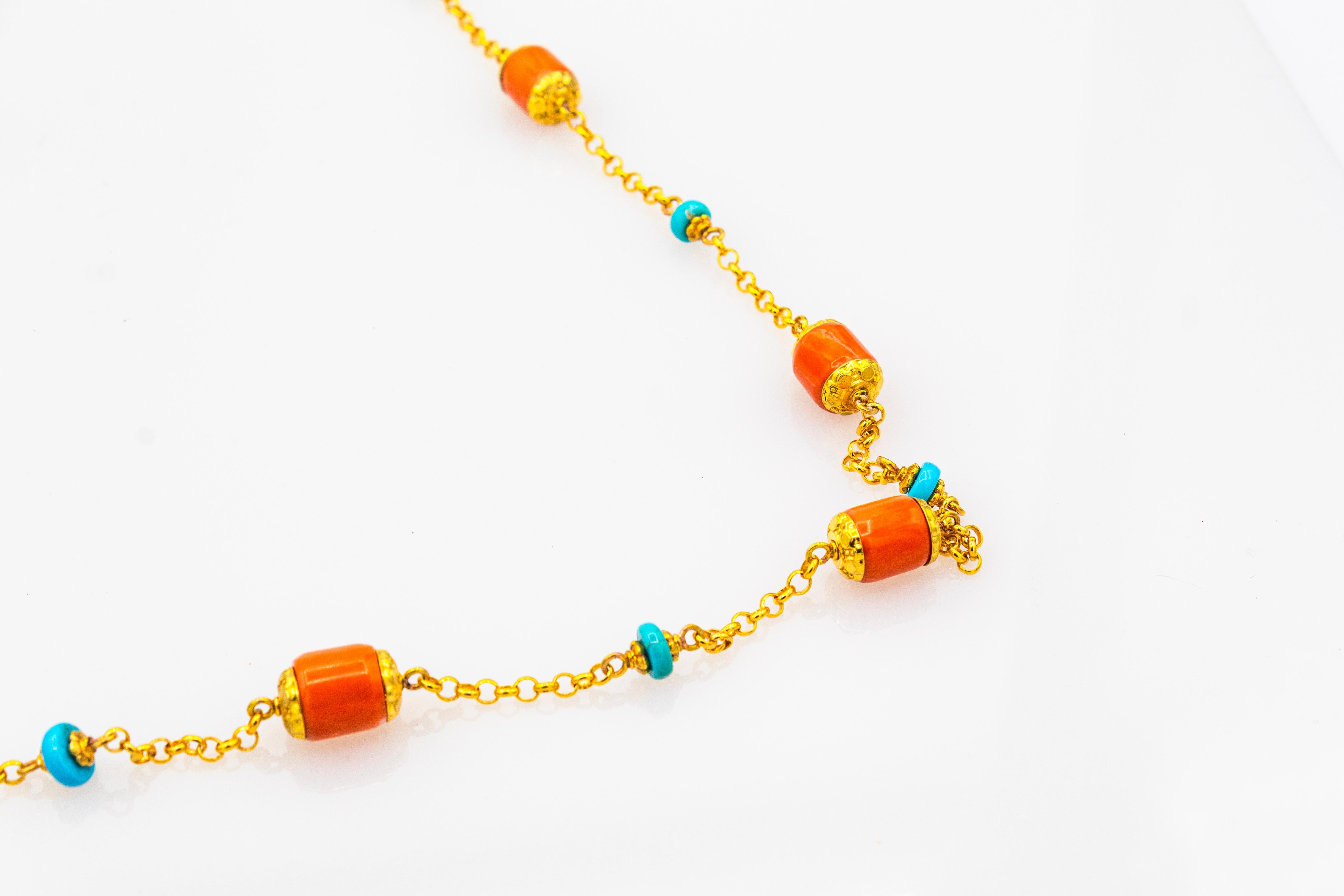 Women's or Men's Art Nouveau Style Handcrafted Peach Coral Turquoise Yellow Gold Necklace For Sale