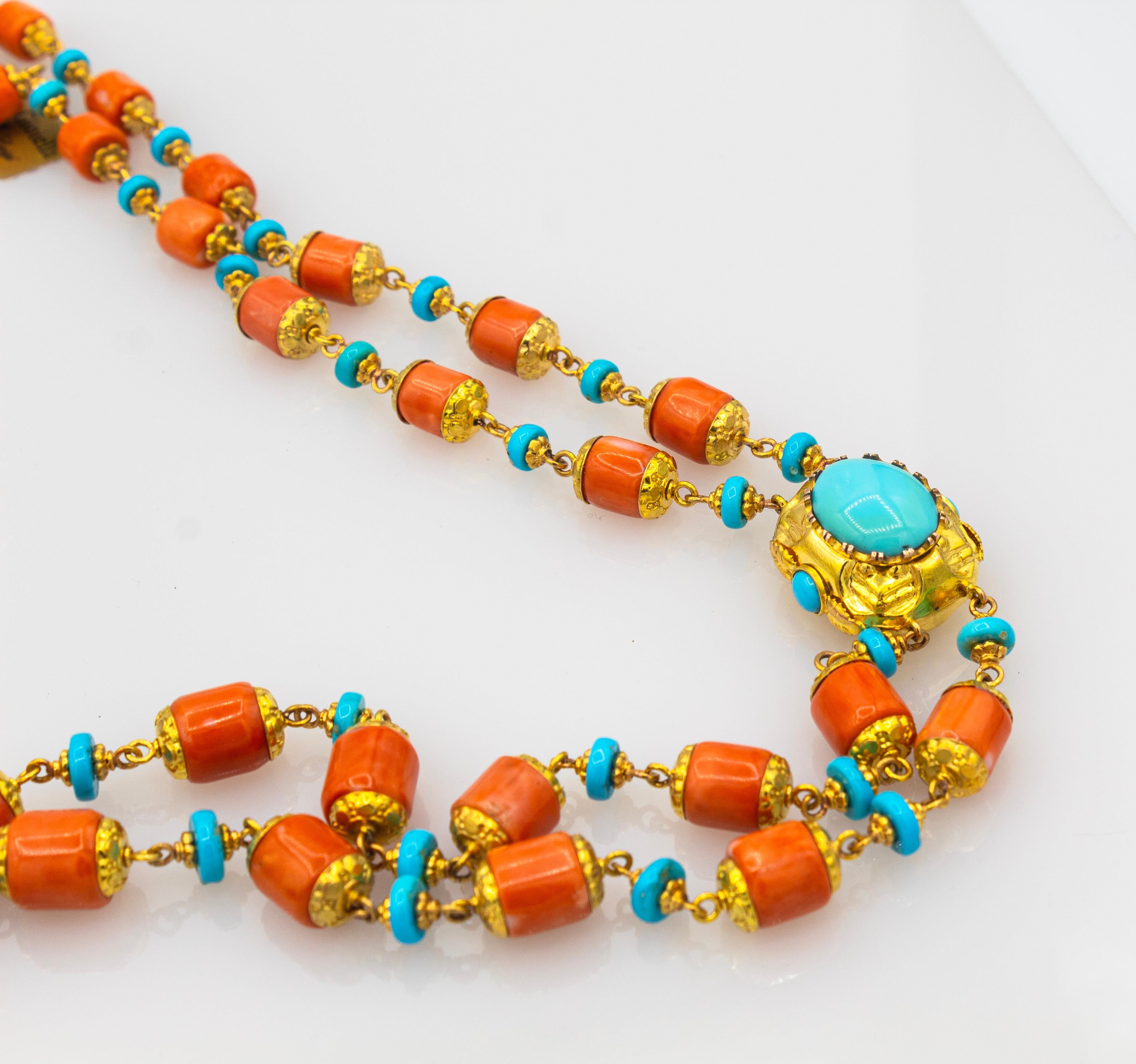 da uomo o donna Collana in stile Art Nouveau realizzata a mano con corallo pesca e turchese in oro giallo in vendita