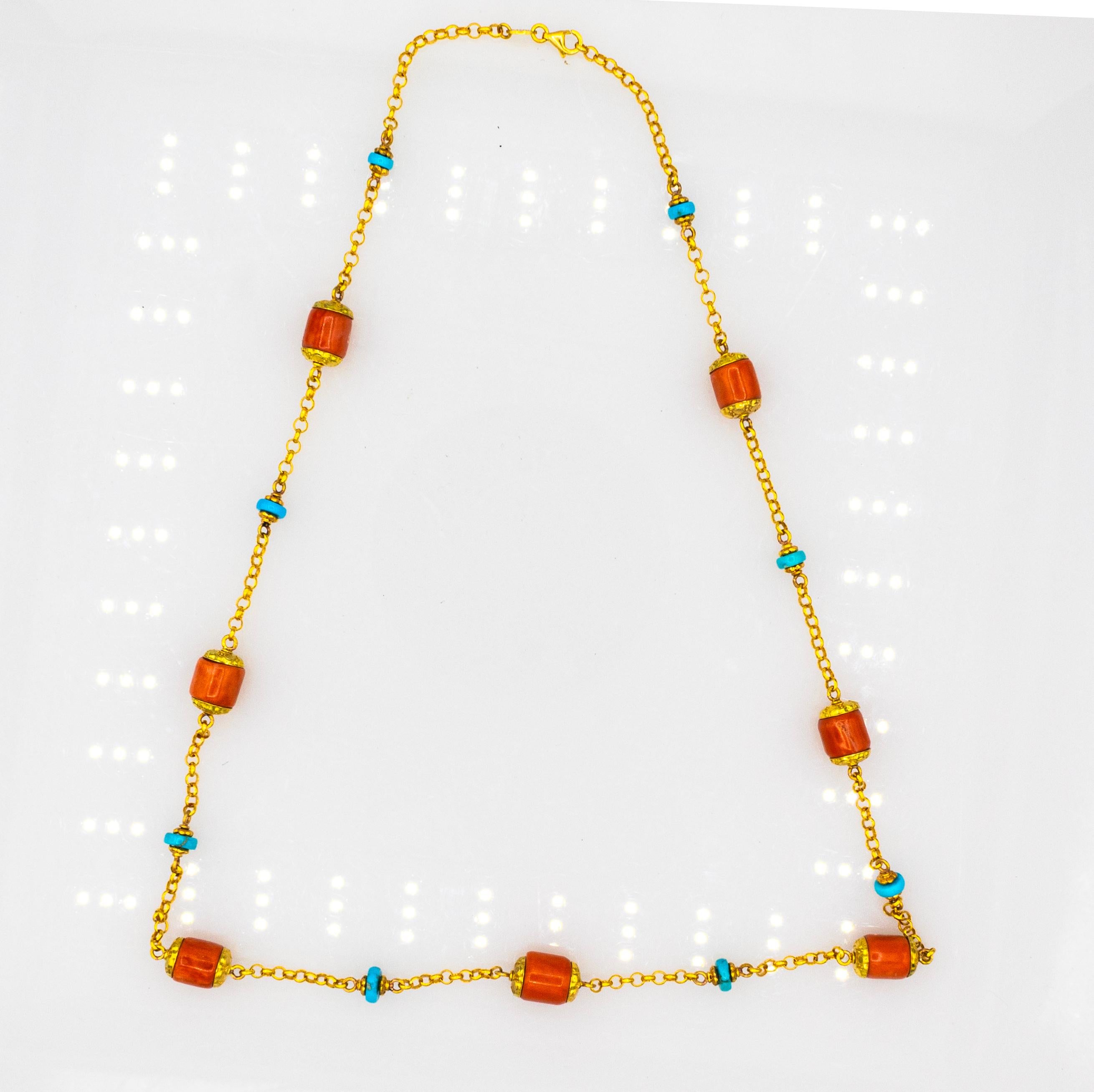 Art Nouveau Style Handcrafted Peach Coral Turquoise Yellow Gold Necklace 1