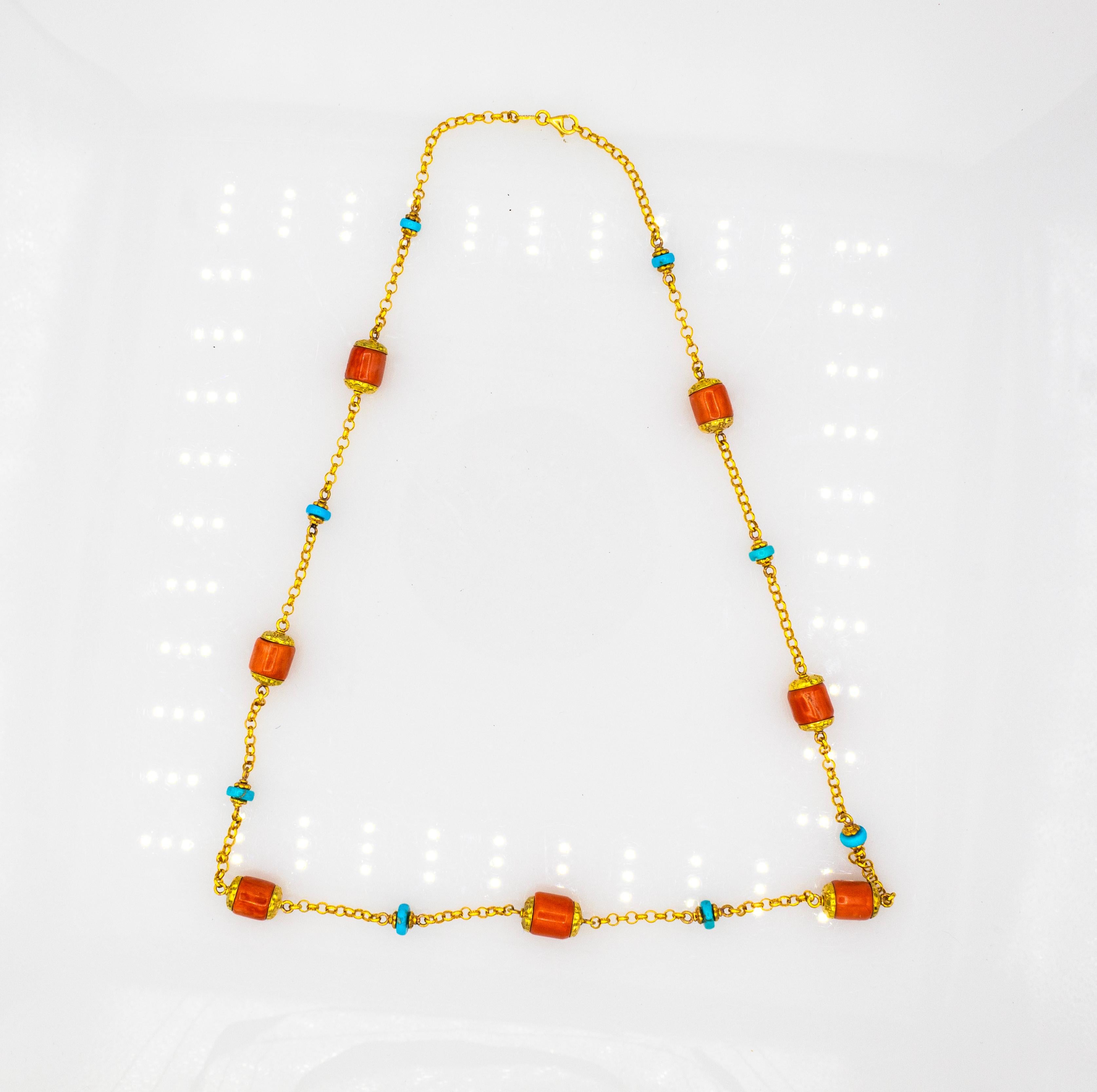 Art Nouveau Style Handcrafted Peach Coral Turquoise Yellow Gold Necklace For Sale 2
