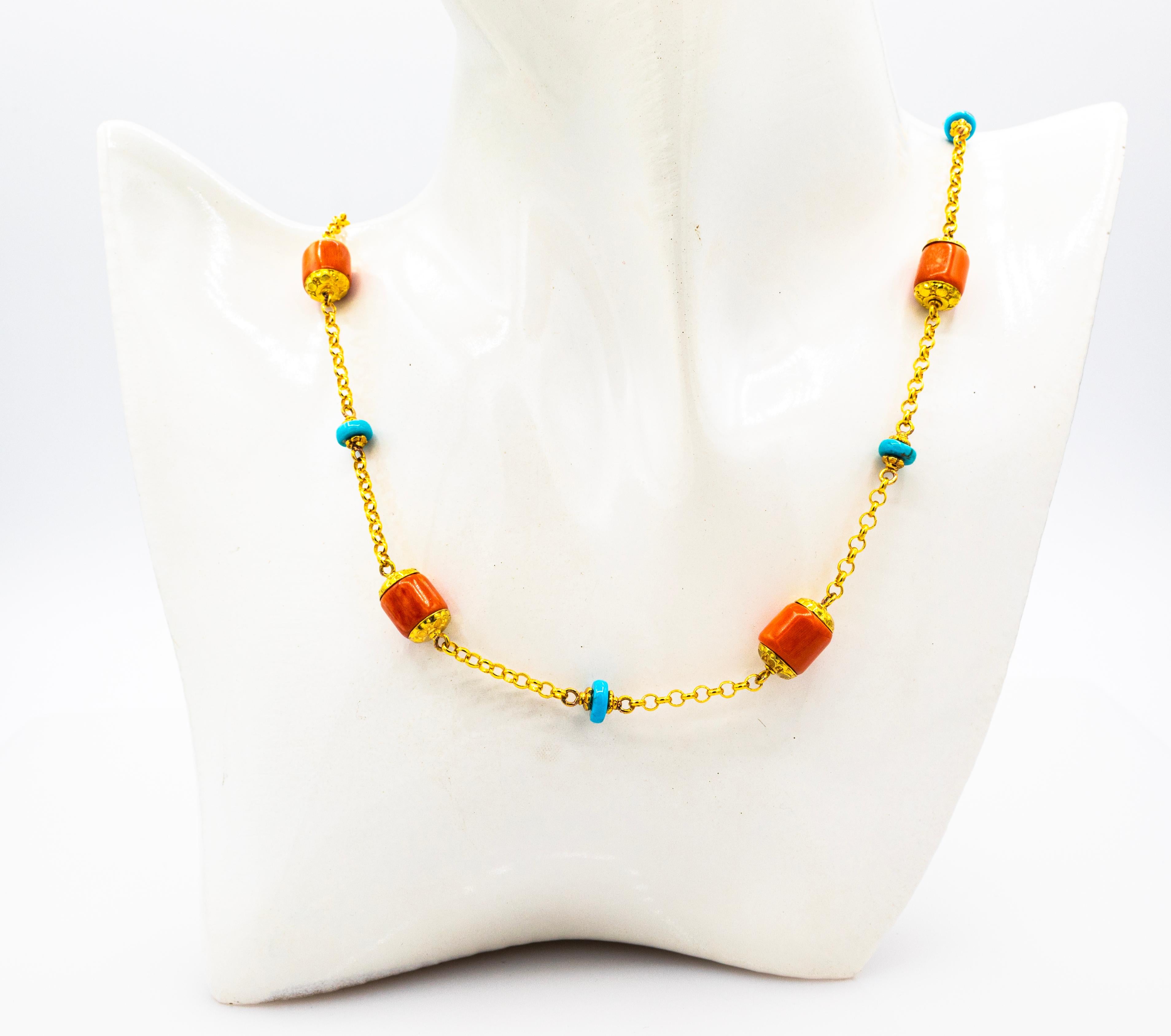 Art Nouveau Style Handcrafted Peach Coral Turquoise Yellow Gold Necklace For Sale 3