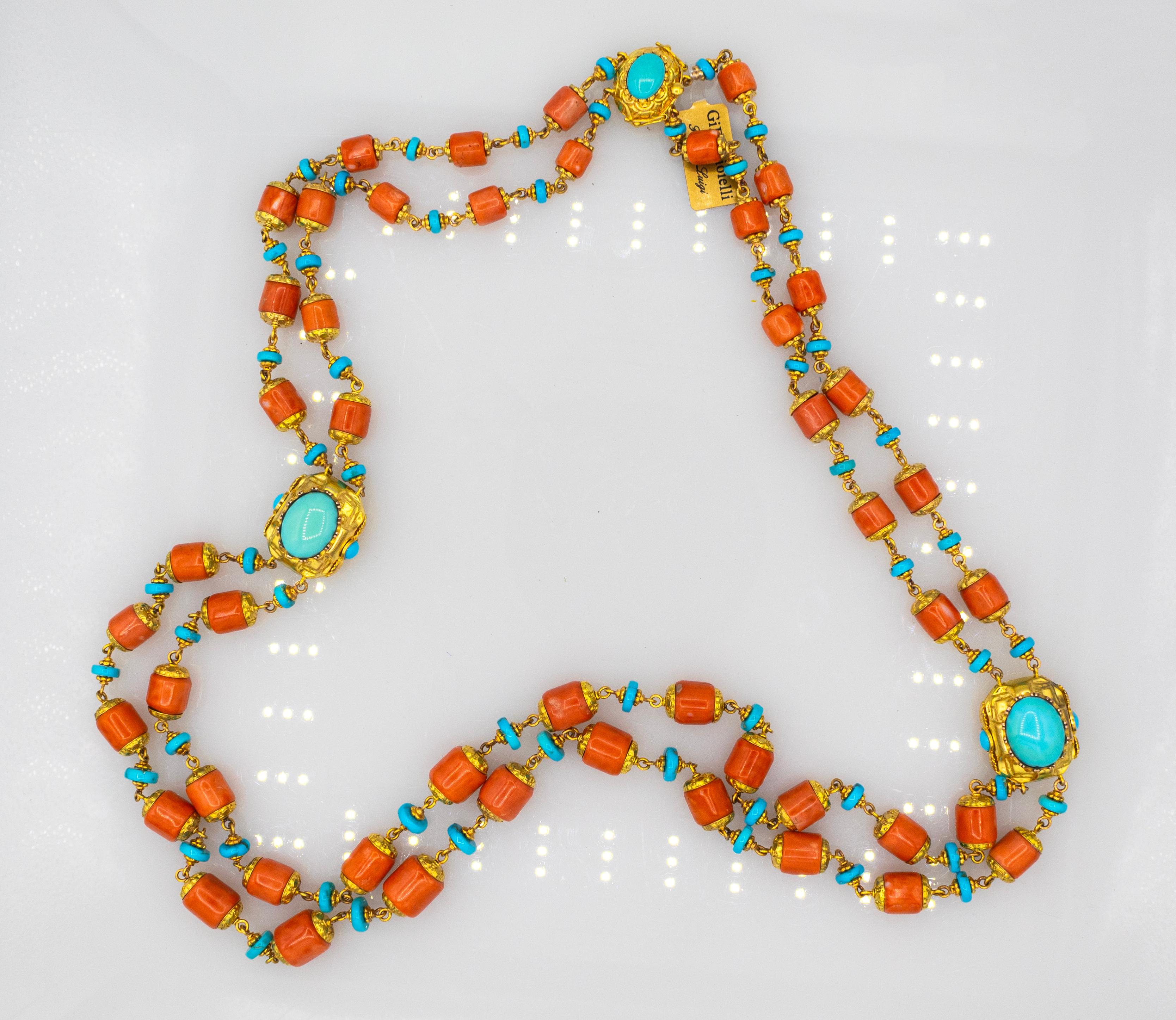 Collana in stile Art Nouveau realizzata a mano con corallo pesca e turchese in oro giallo in vendita 3