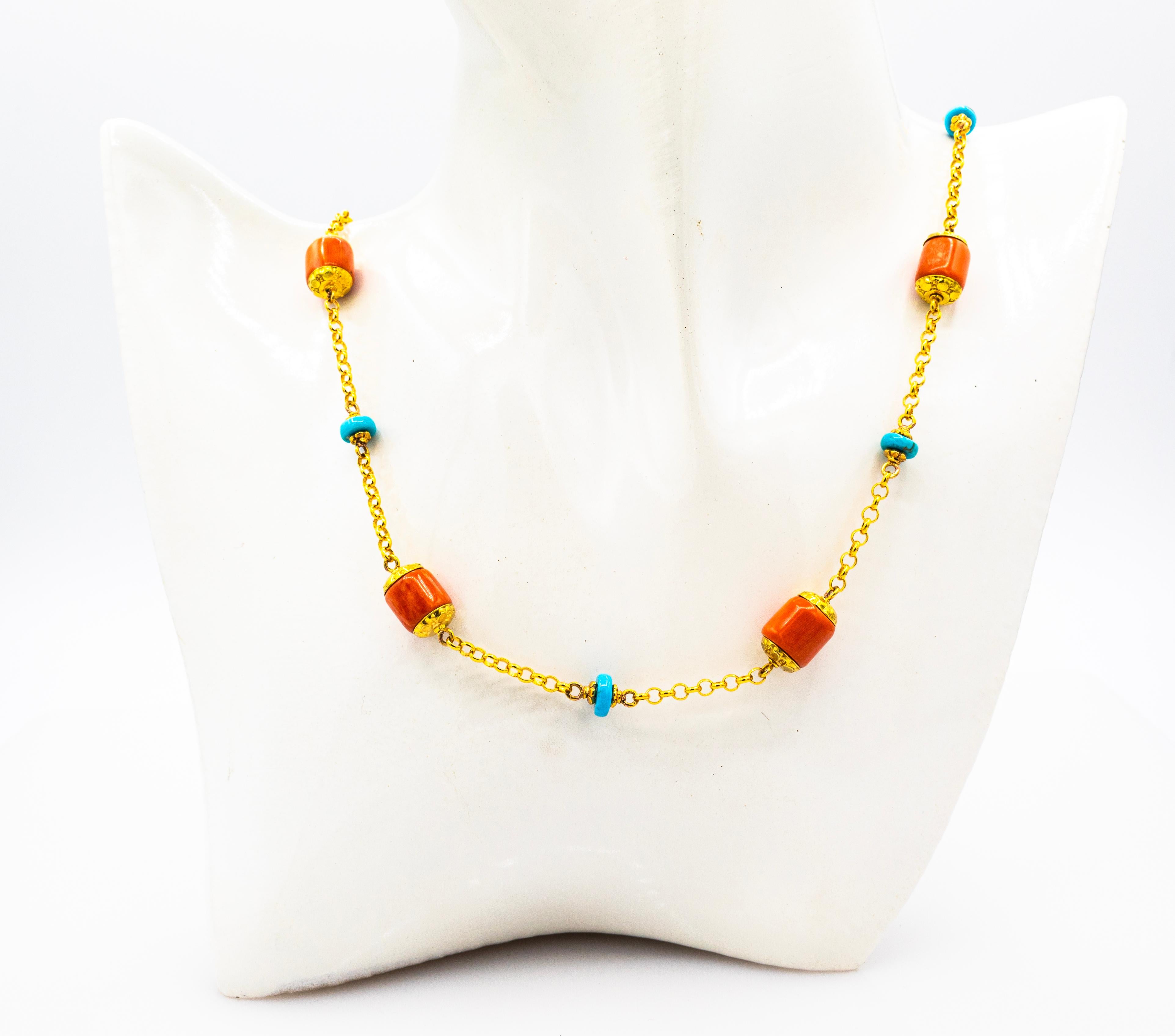Art Nouveau Style Handcrafted Peach Coral Turquoise Yellow Gold Necklace For Sale 4