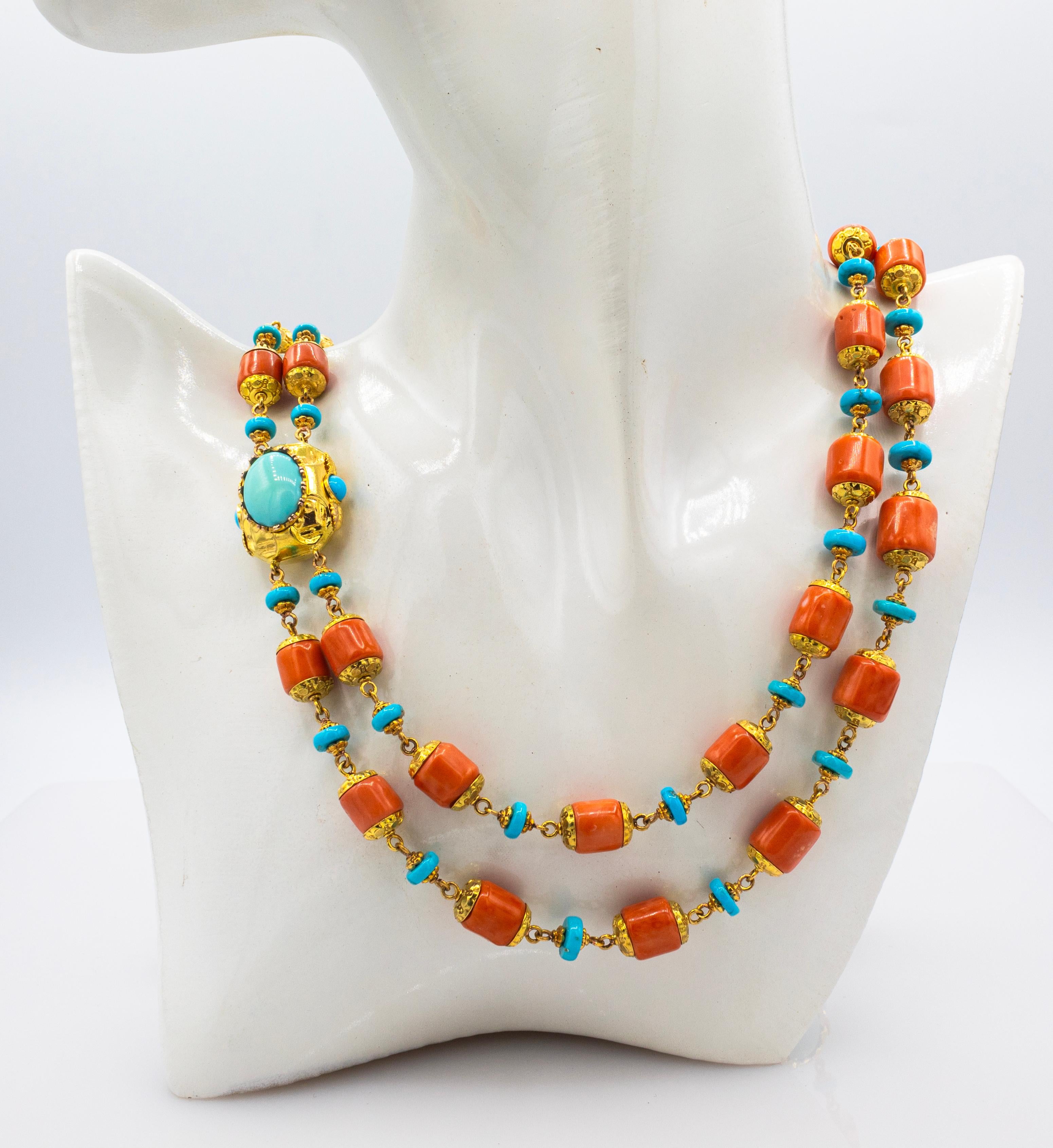 Collana in stile Art Nouveau realizzata a mano con corallo pesca e turchese in oro giallo in vendita 4