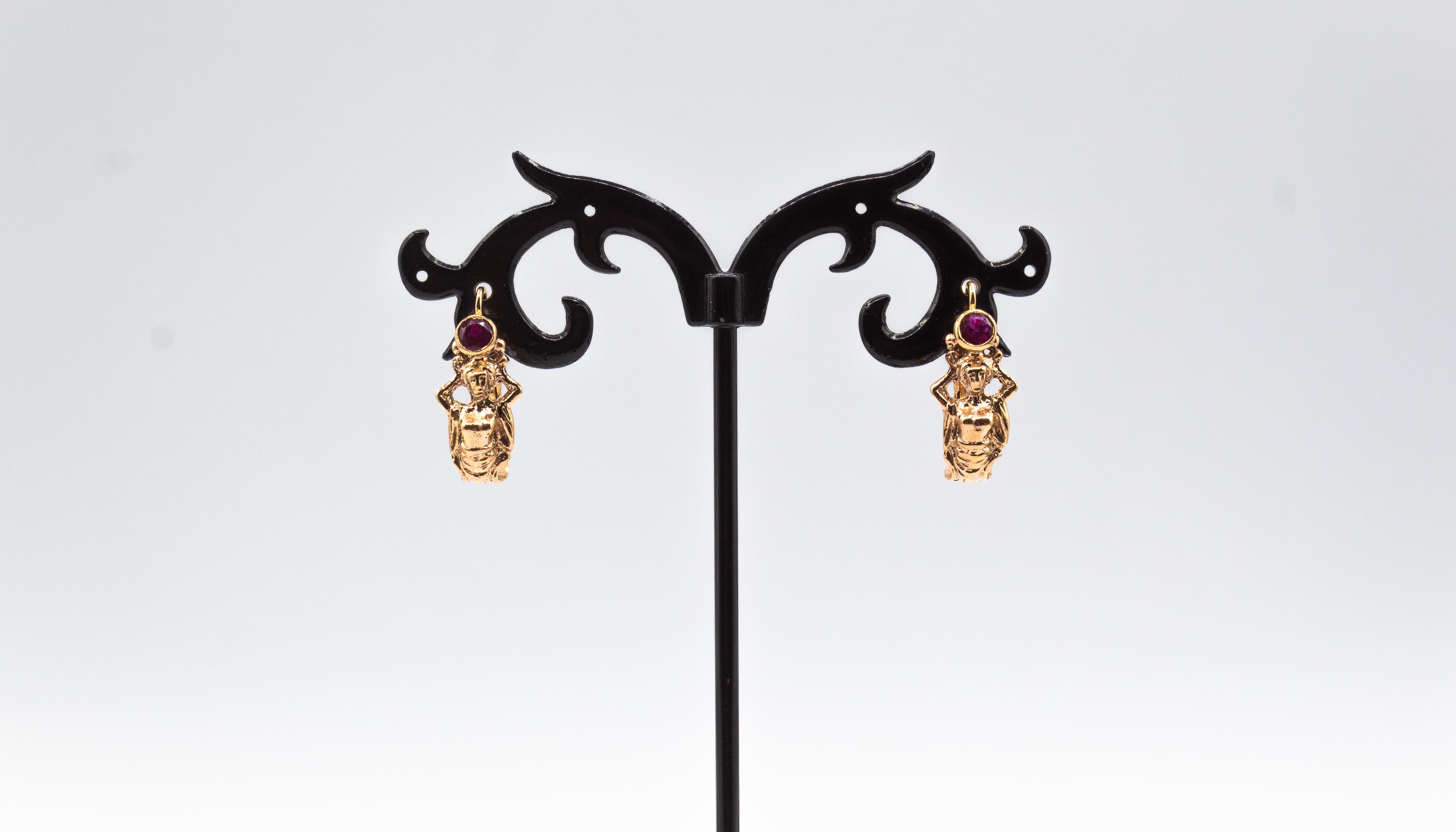 Art Nouveau Style Handcrafted Ruby Yellow Gold Lever-Back Dangle Earrings For Sale 8