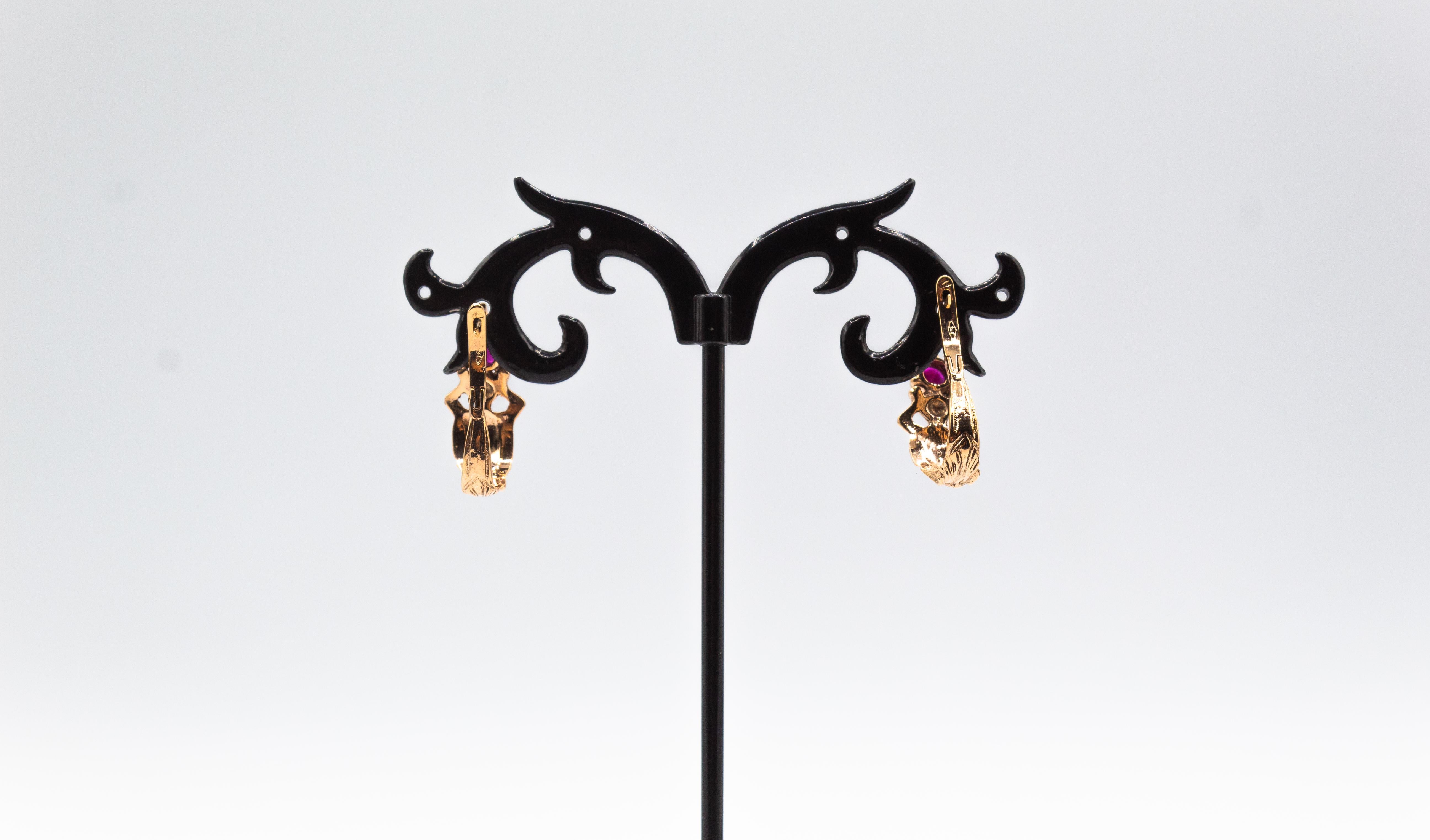 Art Nouveau Style Handcrafted Ruby Yellow Gold Lever-Back Dangle Earrings For Sale 10