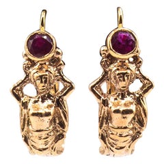 Art Nouveau Style Handcrafted Ruby Yellow Gold Lever-Back Dangle Earrings