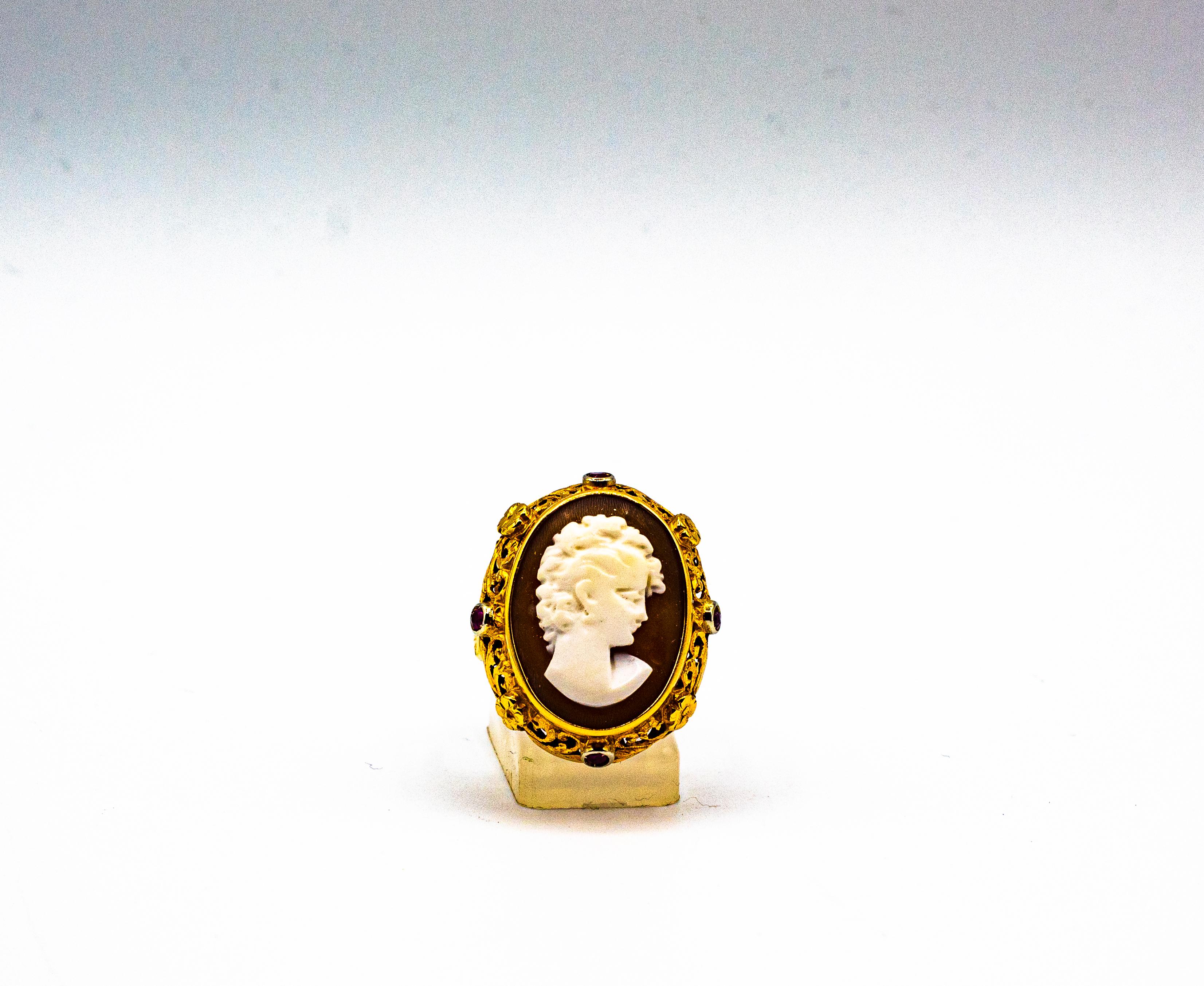 Art Nouveau Style Handcrafted Shel Cameo Ruby Yellow Gold Cocktail Ring 3