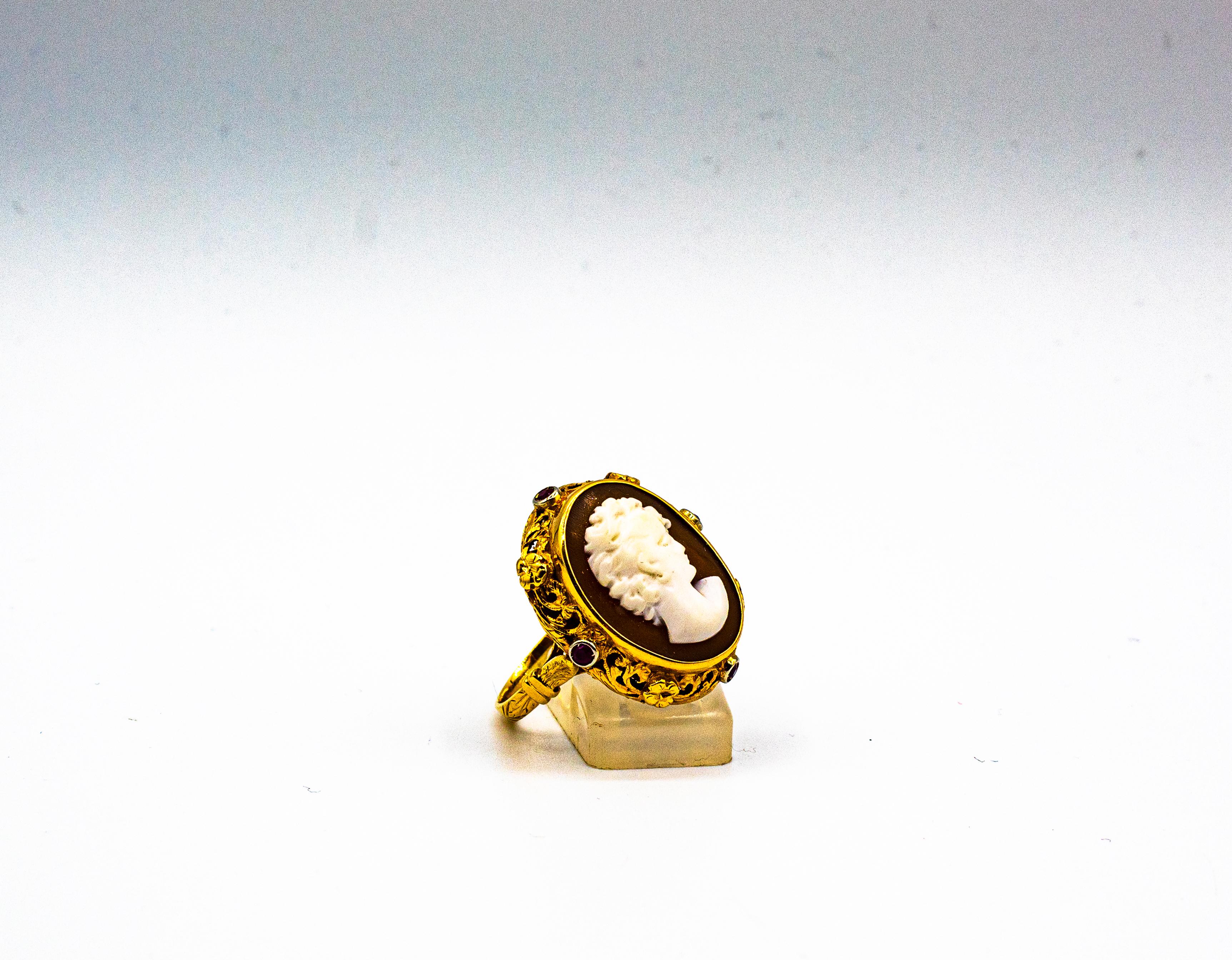 Art Nouveau Style Handcrafted Shel Cameo Ruby Yellow Gold Cocktail Ring 4