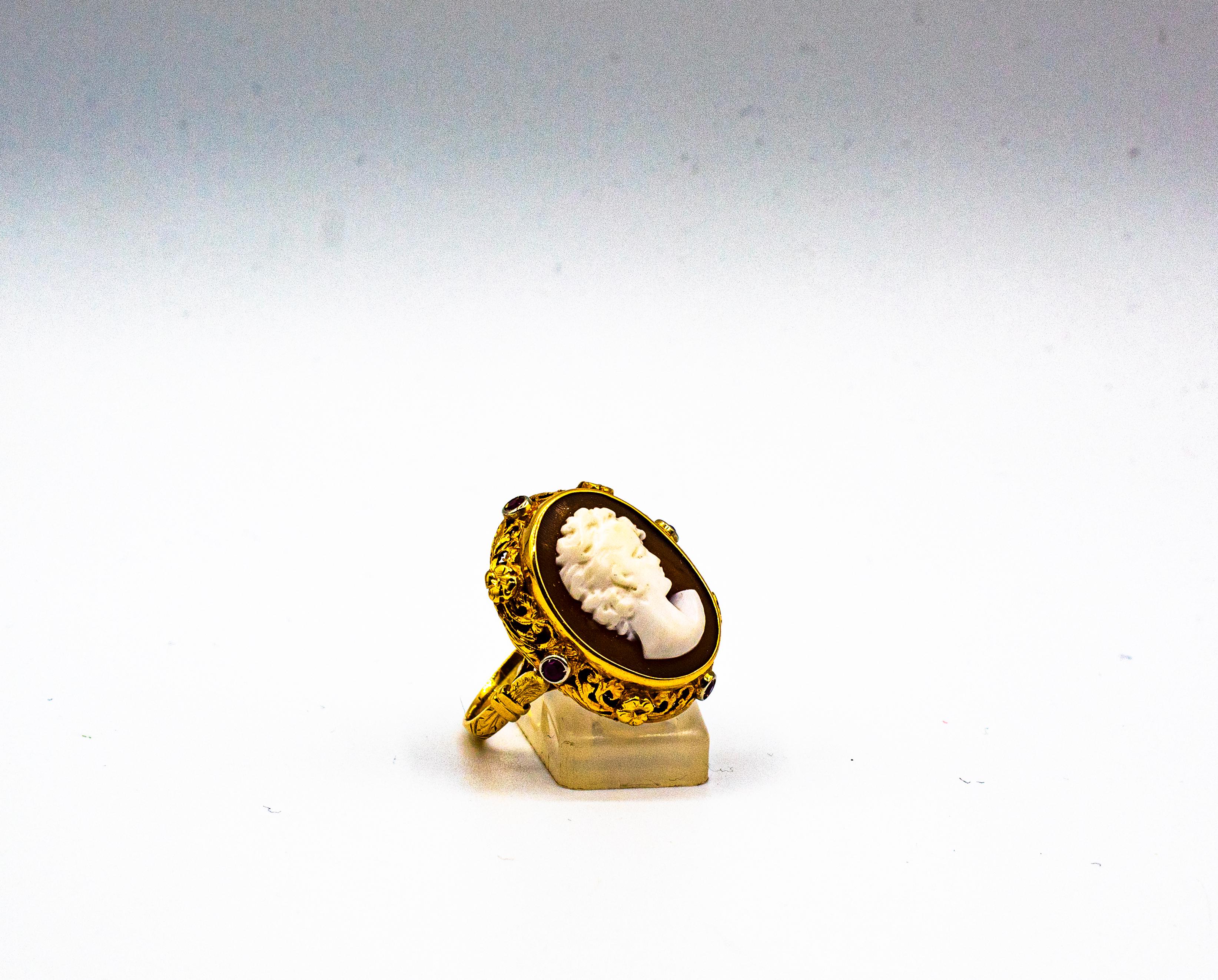 Art Nouveau Style Handcrafted Shel Cameo Ruby Yellow Gold Cocktail Ring 5