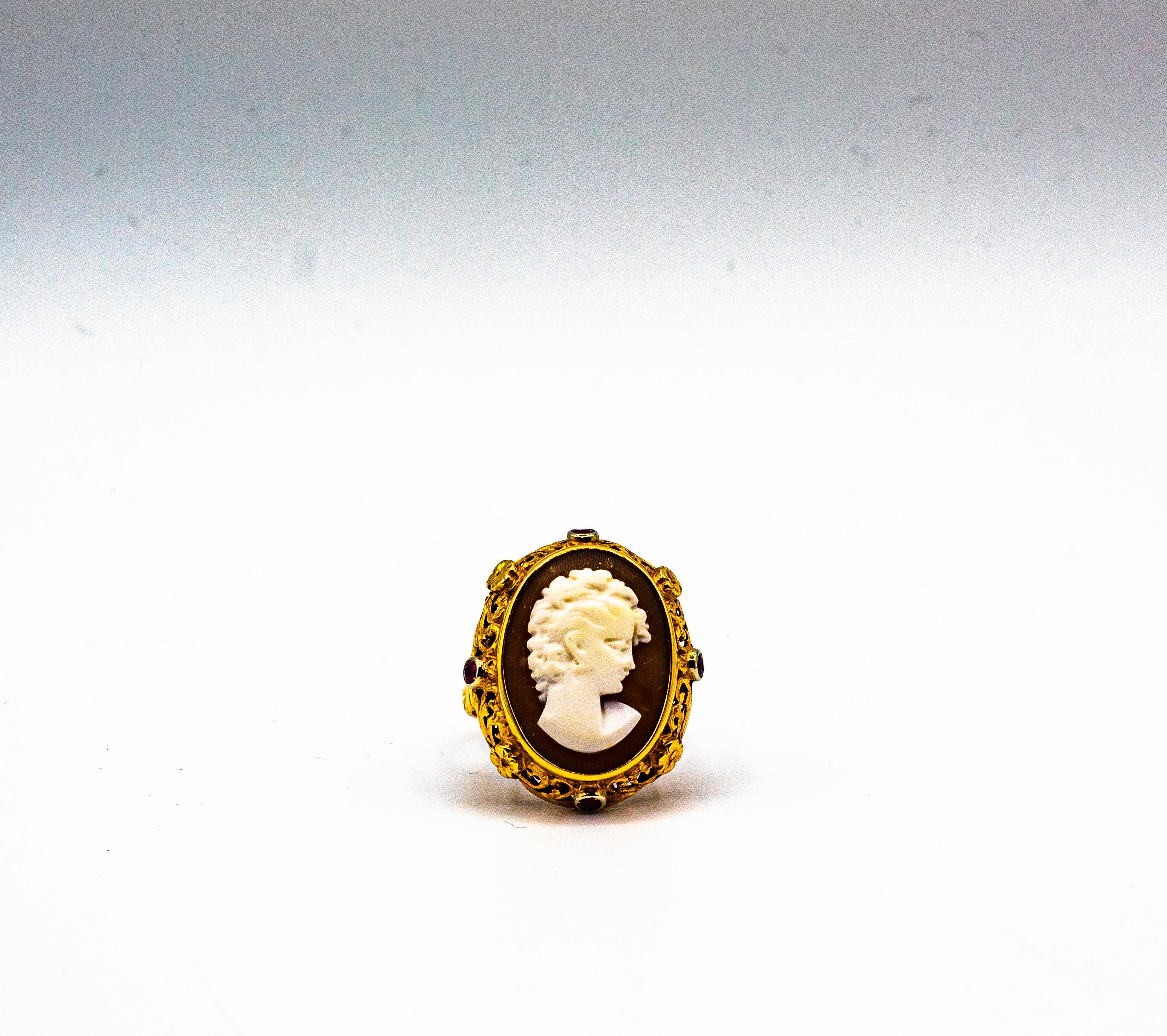 Art Nouveau Style Handcrafted Shel Cameo Ruby Yellow Gold Cocktail Ring 6