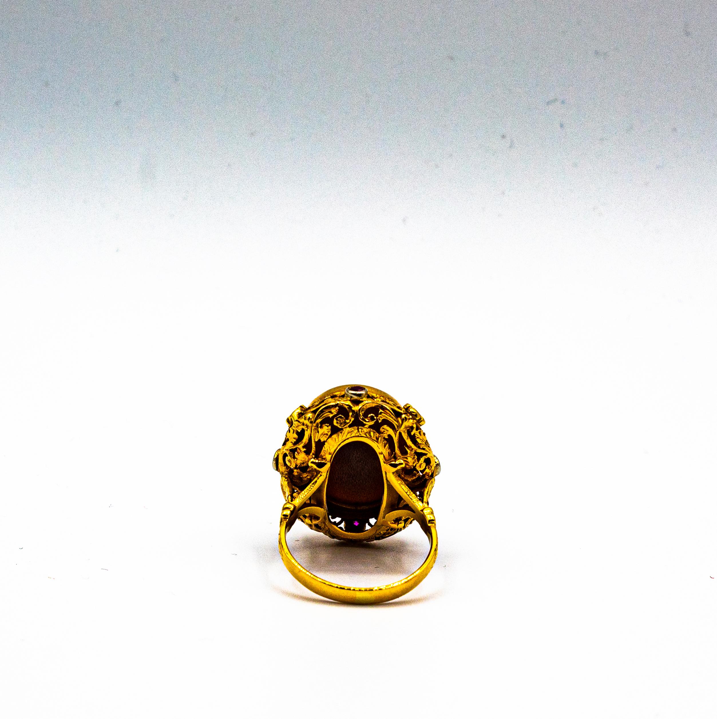 Art Nouveau Style Handcrafted Shel Cameo Ruby Yellow Gold Cocktail Ring 8