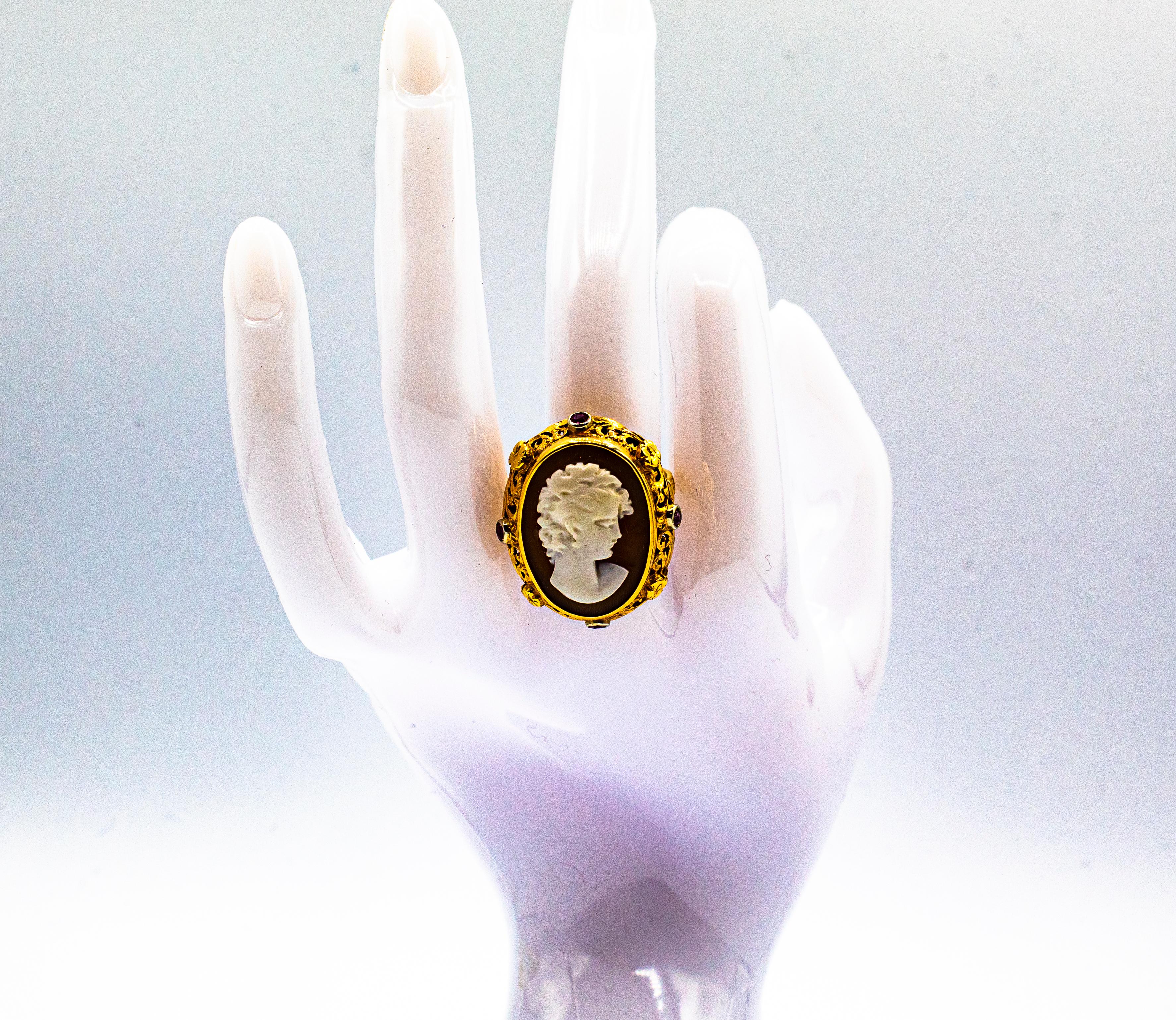 Art Nouveau Style Handcrafted Shel Cameo Ruby Yellow Gold Cocktail Ring 10
