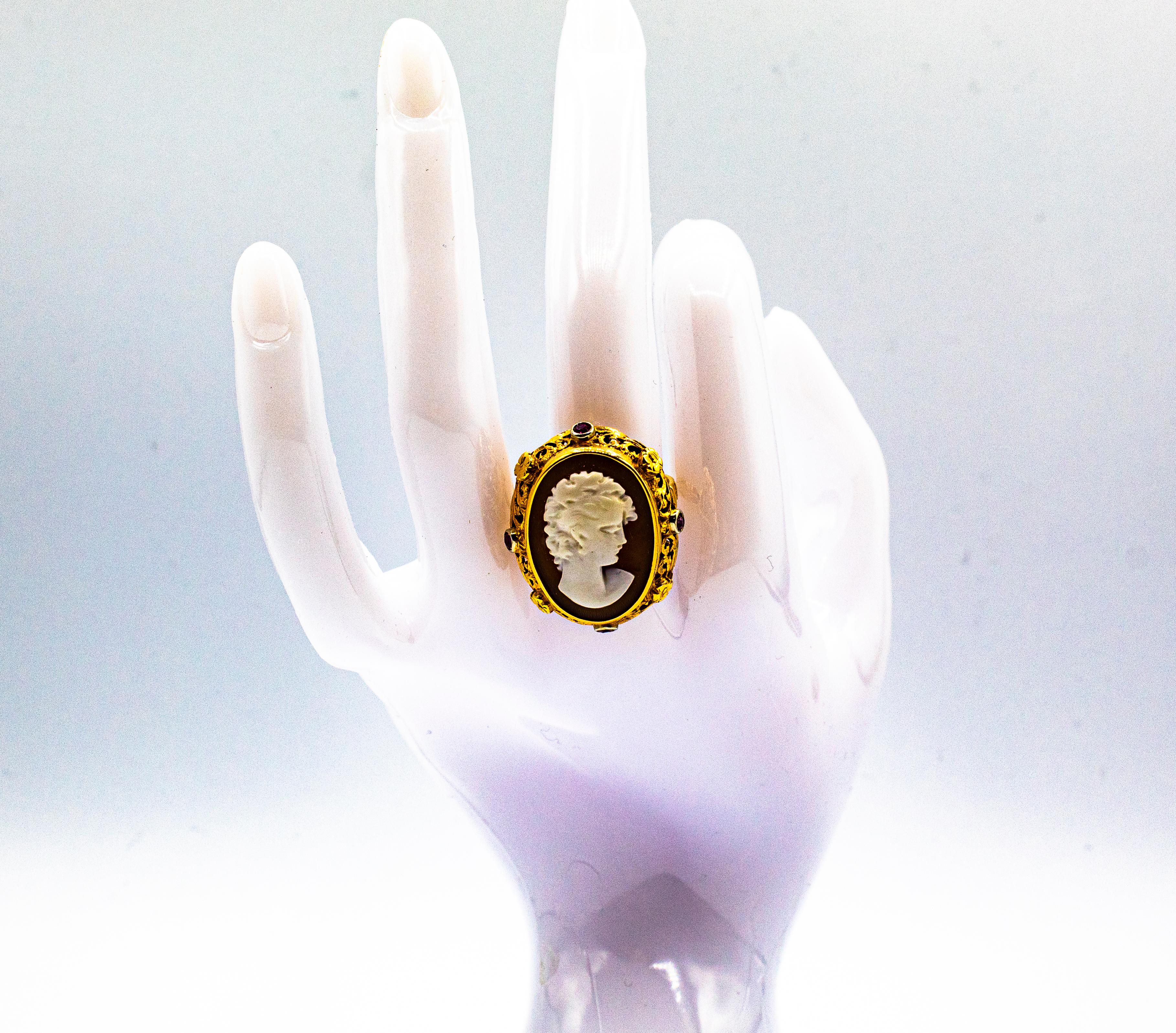 Art Nouveau Style Handcrafted Shel Cameo Ruby Yellow Gold Cocktail Ring 11